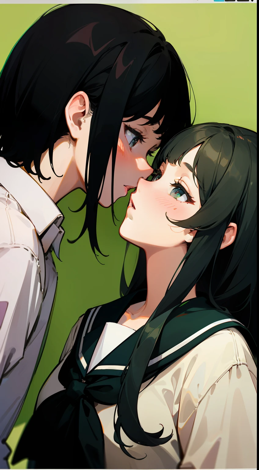 ((masterpiece)), ((highest quality)), illustration, 2 girls, Hair color, Bangs, Hairstyle fax, Portrait from waist up, Date, Ladies, Girl, school uniform, Light green long black hair, Gray eyes, Dull bangs, Hotel private room, Girl kissing, Pushing down