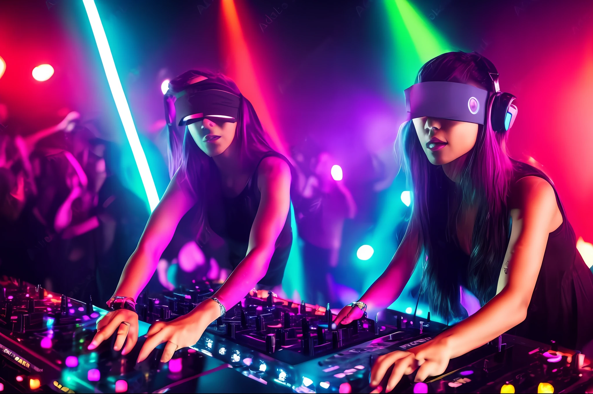(black blindfolded female DJ with a badass attitude spinning at a vibrant and energetic rave club)