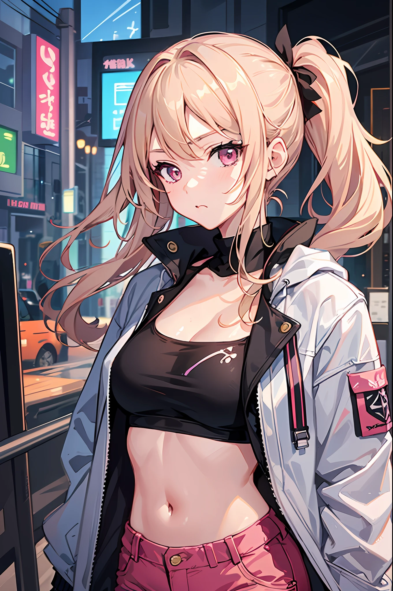 1girl, anime, (good hands), (((ultra-detailed))), ((masterpiece)), ((illustration)), young adult, modern, upper torso, facing forward, side ponytail, (blonde hair), feisty pink eyes, peachy skin, stylish casual outfit, jacket, shorts, tsundere, pouting, dancer