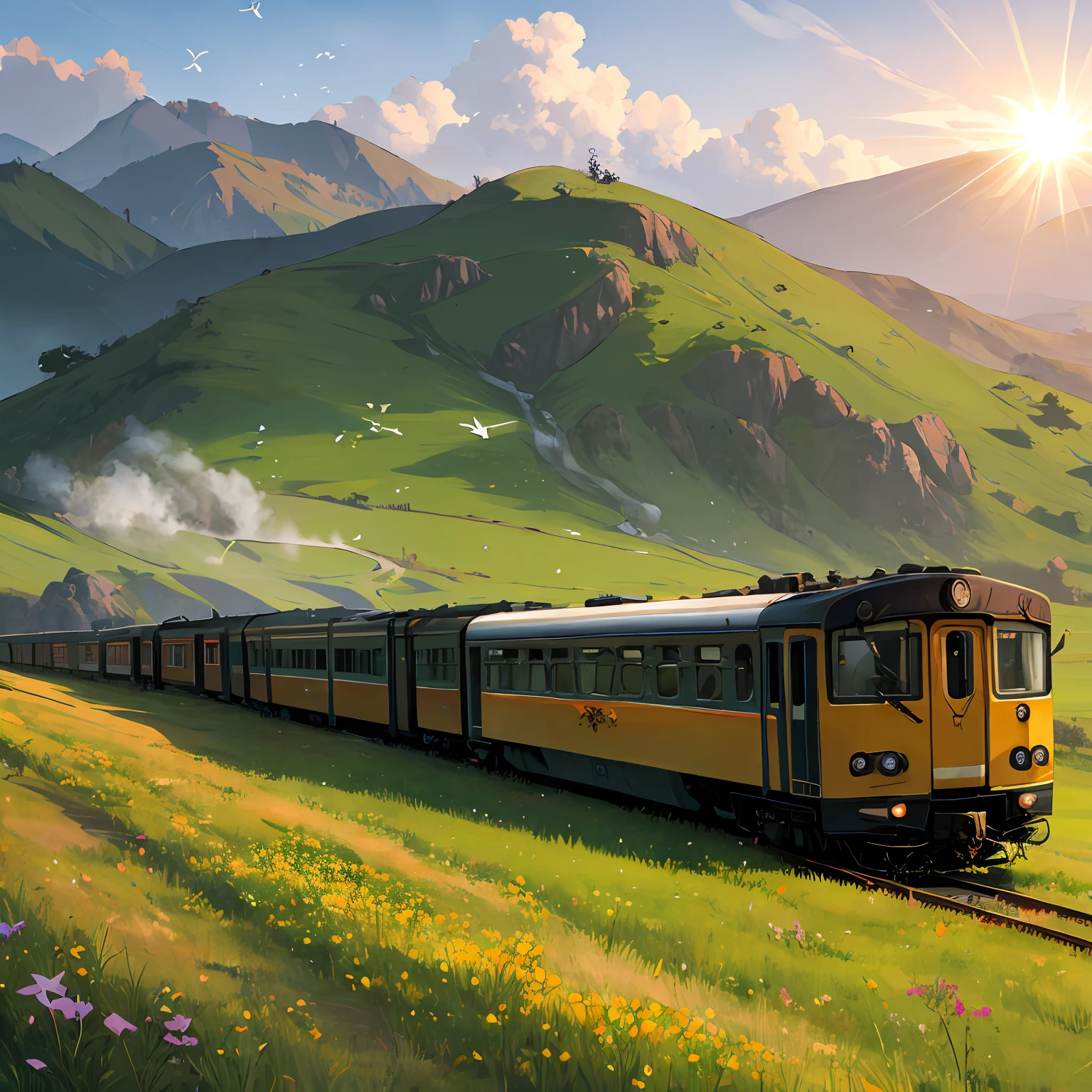 Realistic, HD, prairie, small broken flowers, railway, train, early morning, cows and sheep grazing, a ray of sunshine, small grass, dewdrops, flying birds, --auto
