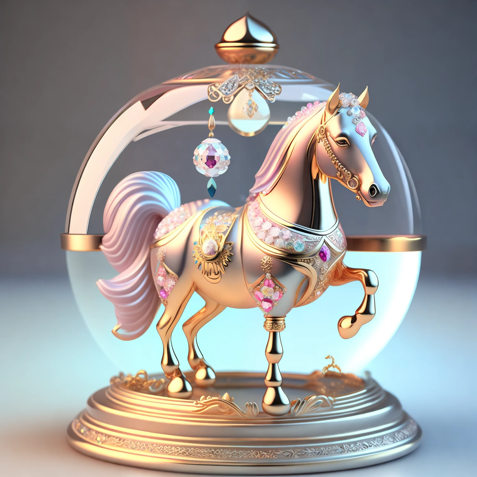 A cute crystal ball zodiac horse with the horse in the ball, embellished with various jewelry ornaments, eyes with a low-poly design, is a highly detailed and complex conceptual work of art, using Artstation 8k quality.