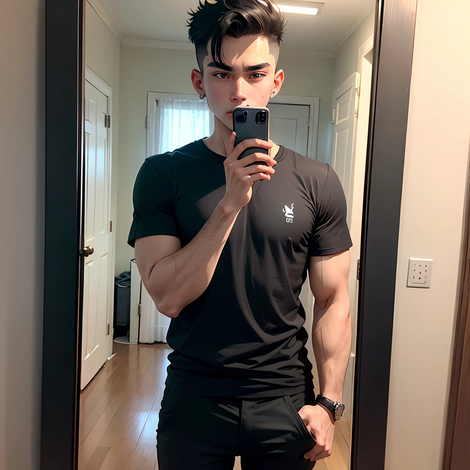 eboy, mirror selfie, wearing black shirt and pant --auto