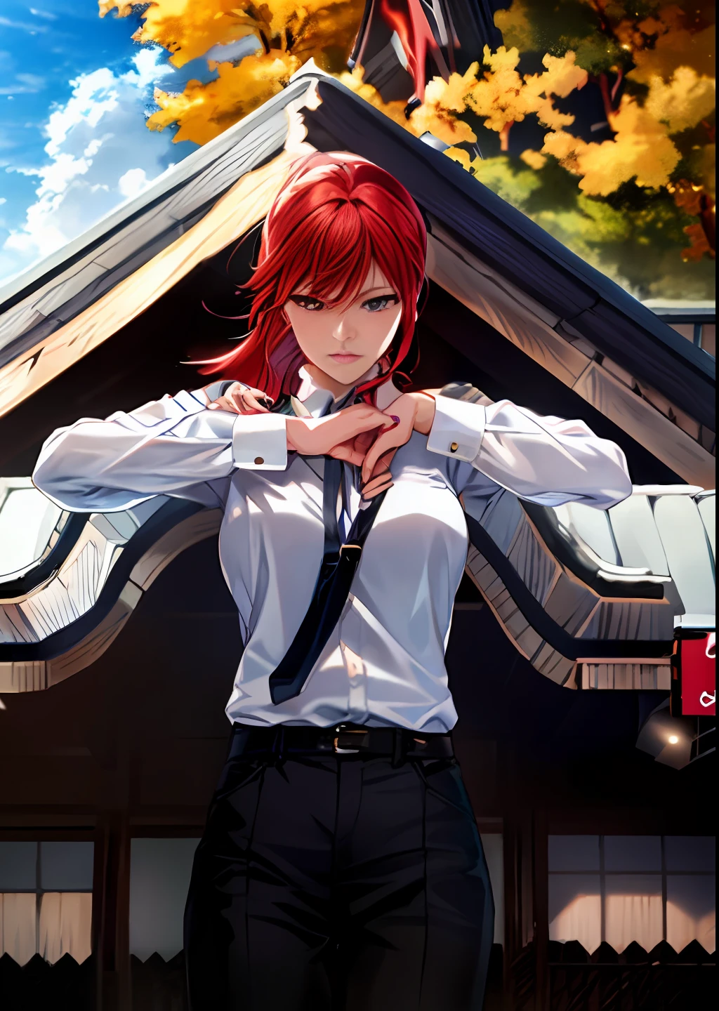 anime girl with red hair and a white shirt and black pants, makima, made with anime painter studio, detailed anime character art, rings asuka iwakura station game, evangelionic illustration, style of hajime isayama, anime visual of a young woman, smooth anime cg art, the temple in background