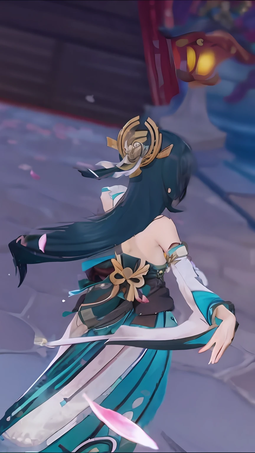 Close-up of a person in a sword costume, Ayaka Genshin Impact, Genshin Impact Character, Genshin Impact Style, Genshin Impact Nakasato, Genshin Shock Kaiqing, Ayaka Game Genshin Impact, Genshin Impact, Onmyoji Detailed Art, Katana Zero Video Game Character, Video Game Genshin Impact, Dancing Girl, Pink Petals Floating in the Air