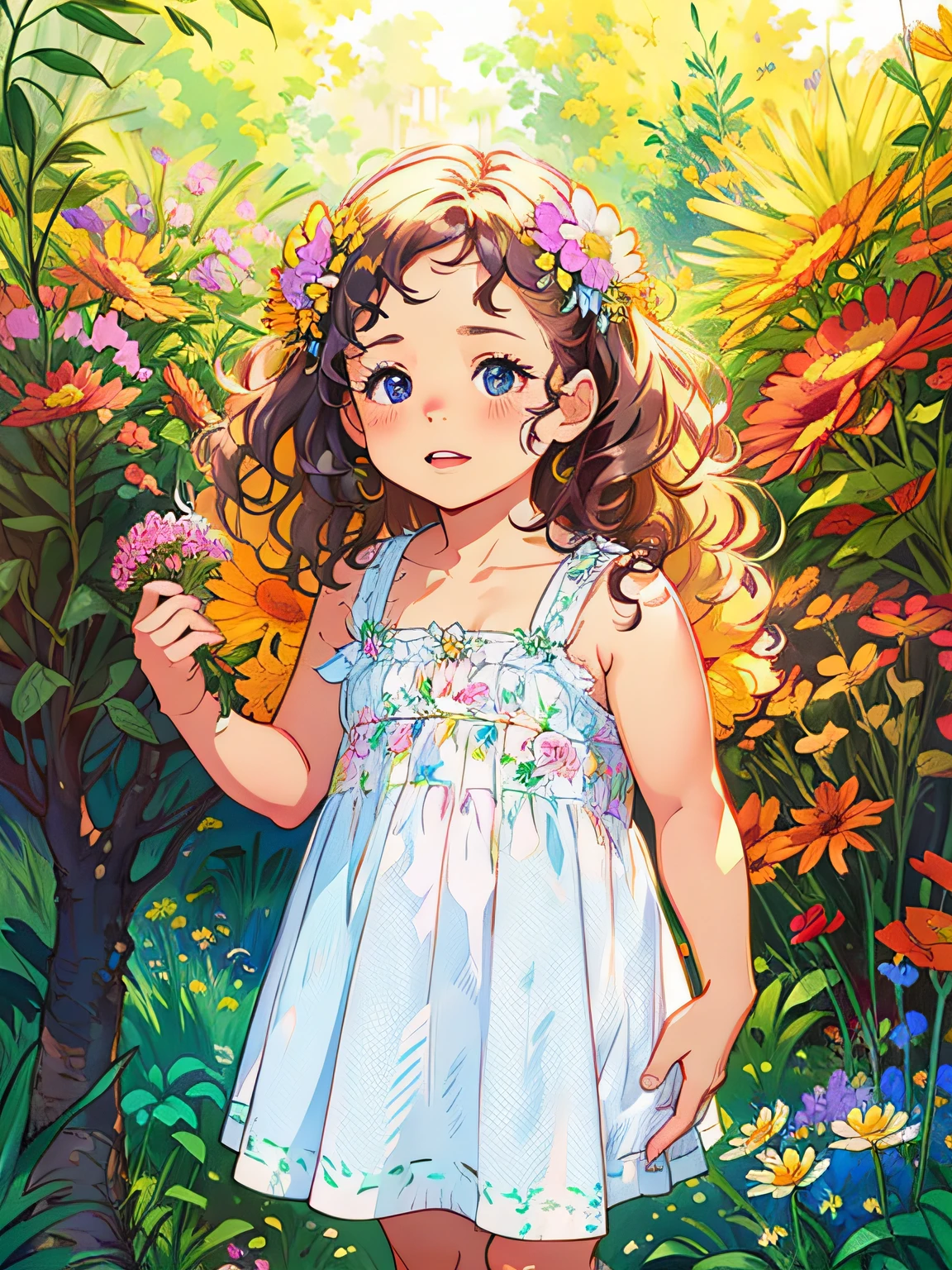 HD, (Best Detail) (Best Quality), (Illustration), (((Flowers))), ((Hair Decorating Flowers)))), (Surrounded by Flowers))), Garden, Flowers and Plant Background, Butterfly, Arafeld Little Girl with Curly Hair Standing in front of bushes