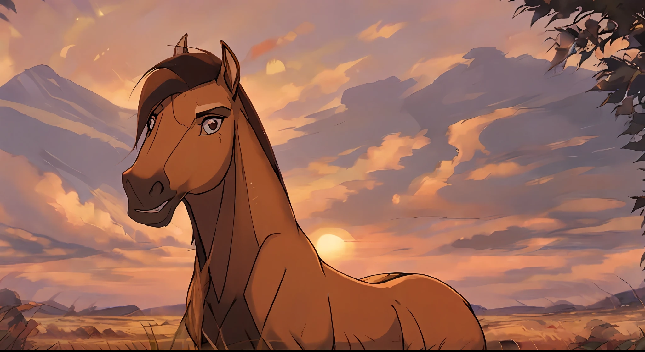 A horse stands at sunset, a lush mane, spirit_from_spirit2002