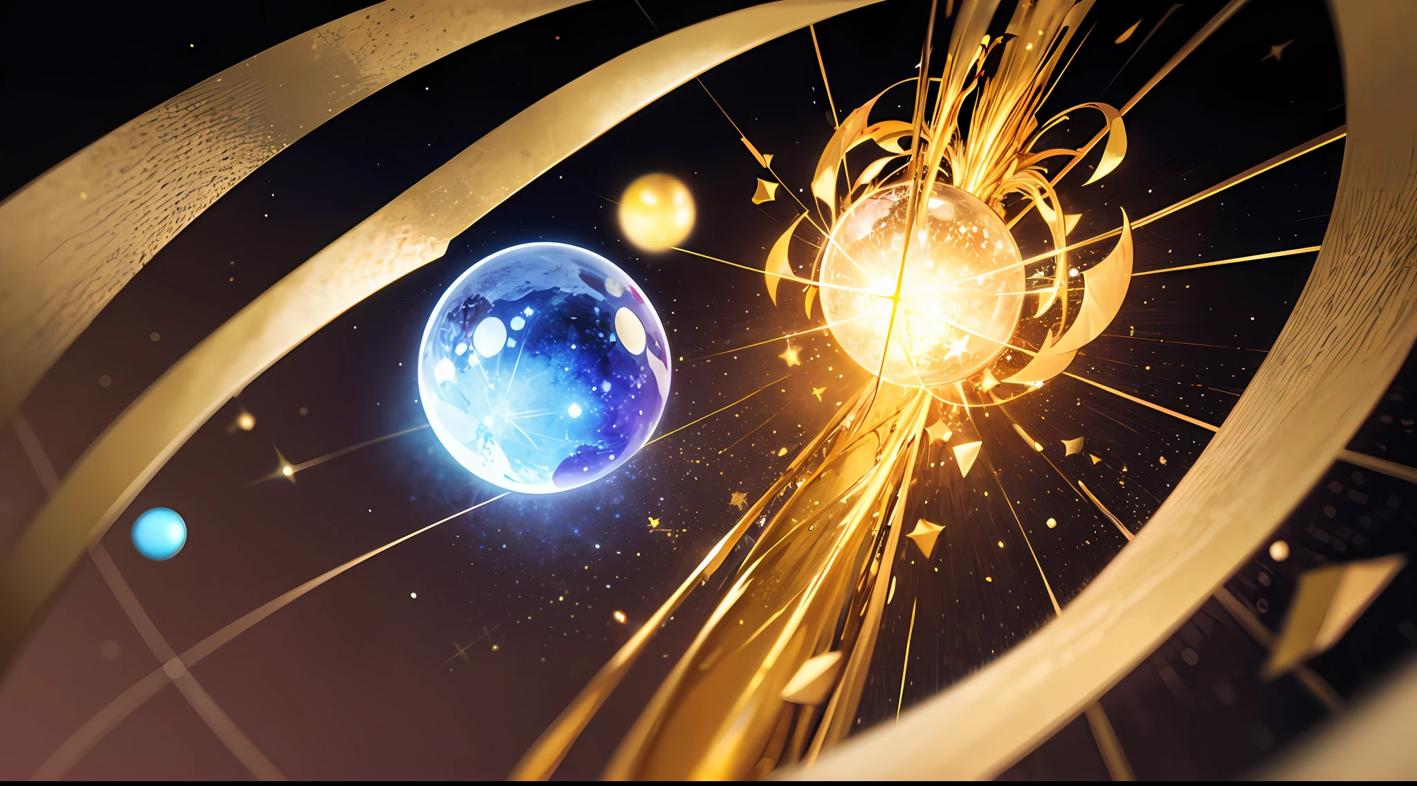 Globular crystal, golden streamer, magic, monotonous background,