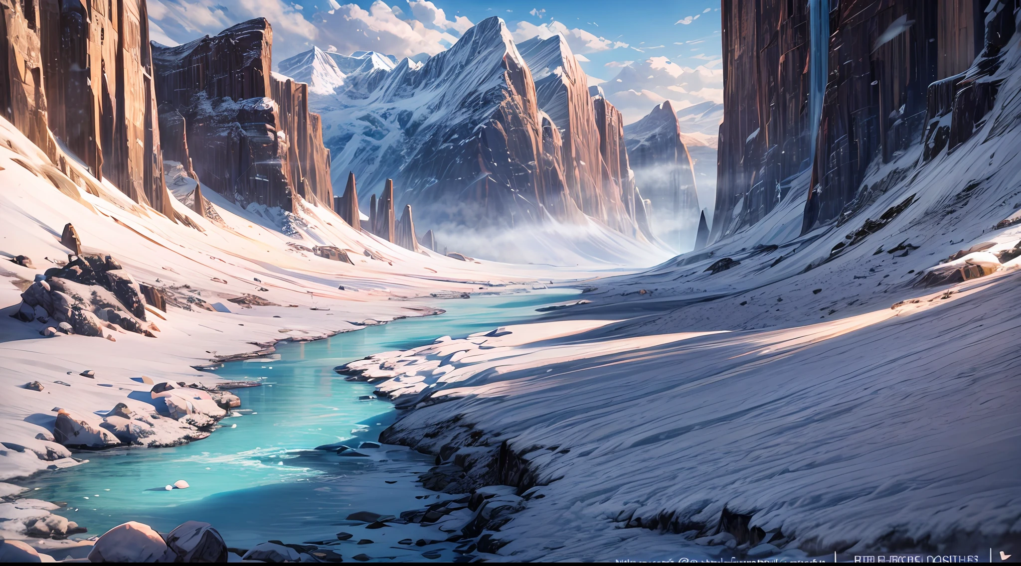 The Ice Age, a breathtaking snow-covered landscape stretching as far as the eye can see, towering ice cliffs glistening in the sunlight, a frozen river winding through the scene, distant snow-capped mountains creating a majestic backdrop, capturing the raw beauty and vastness of the frozen world, Photography, wide-angle lens (24mm)