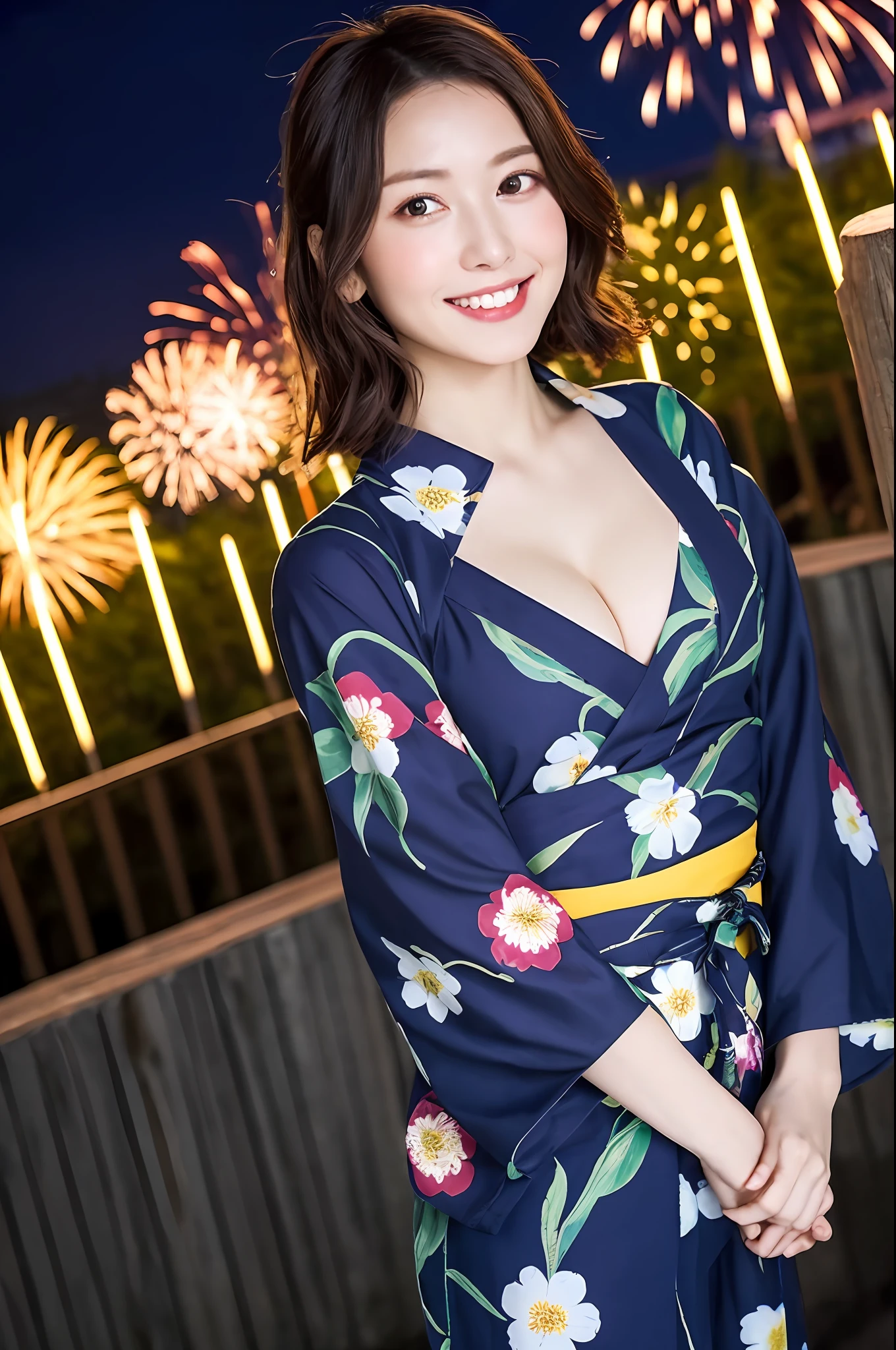 ((Masterpiece, highest quality, super definition, high definition)), solo, beautiful girl, shining eyes, perfect eyes, fluffy yukata, cleavage, beautiful sister of Japan, yukata with floral pattern, fireworks at night in the background, high image quality, 4K, no bra, small breasts, Tanabata festival,