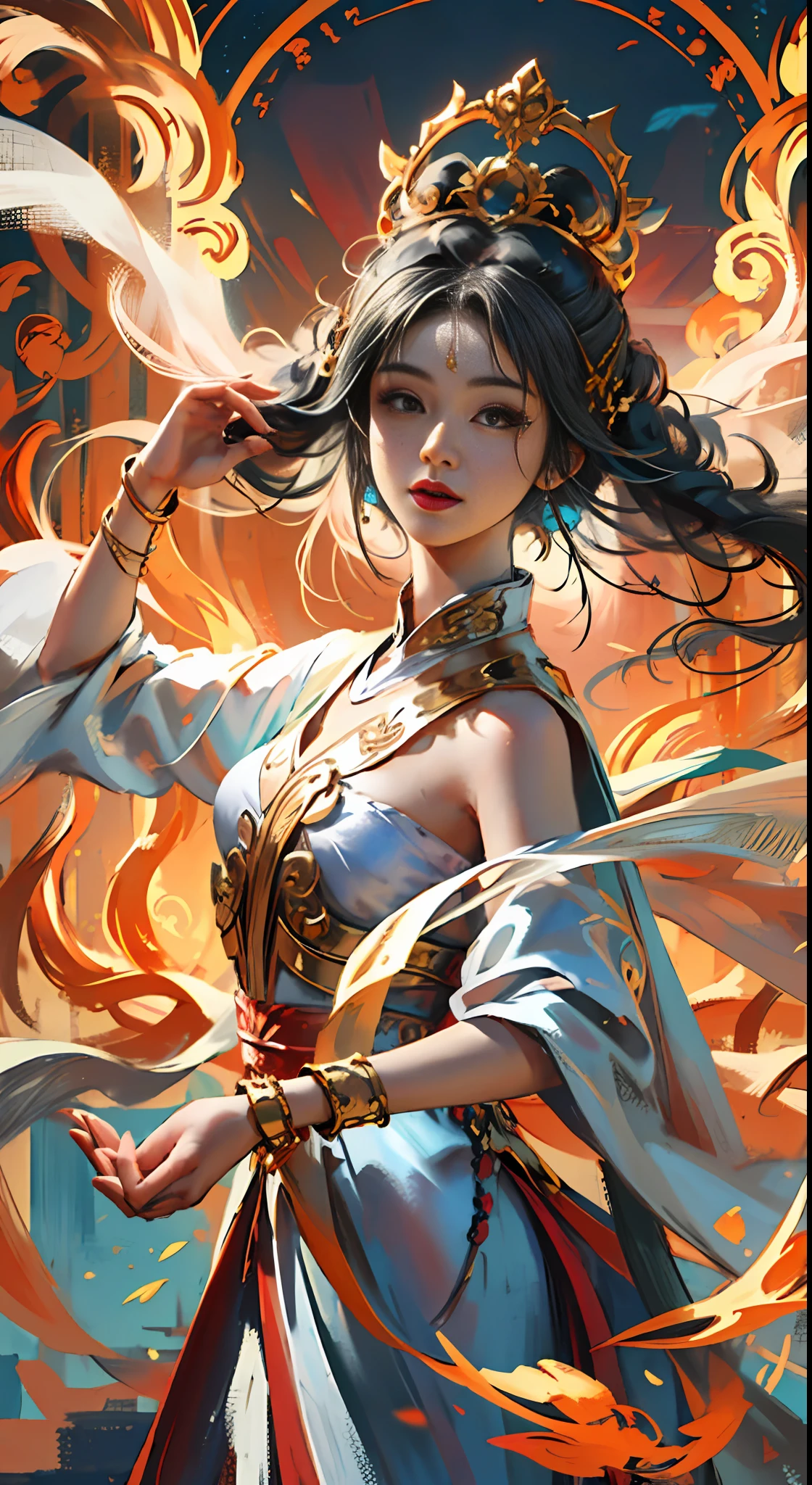 A masterpiece of a Buddhist Guanyin Bodhisattva, white super long hair, flowing long hair, exquisite jewelry, delicate bracelets, exquisite hair accessories, high on the feeling, aperture on the back, bodhisattva, fairy qi fluttering, holding various magic weapons in his hands, golden bracelets on ankles, ancient Chinese costumes, robes, gorgeous silk, flowing tulle, dazzling background, golden aperture on the back, gold Falun on the back, best light, backlit shooting, movie filter, (hands together), (thousand hands Guanyin statue), ultra HD, 8k, fair skin, Wolp_style, duhuang_style, close-up of upper body, detailed face, professional classical dance moves, person floating in the air, (sideways: 1.4), 28 years old, 1girl, fitness marks, slim body, a little muscle, vest line, lean back curved body, digital illustration art, superlative art painting