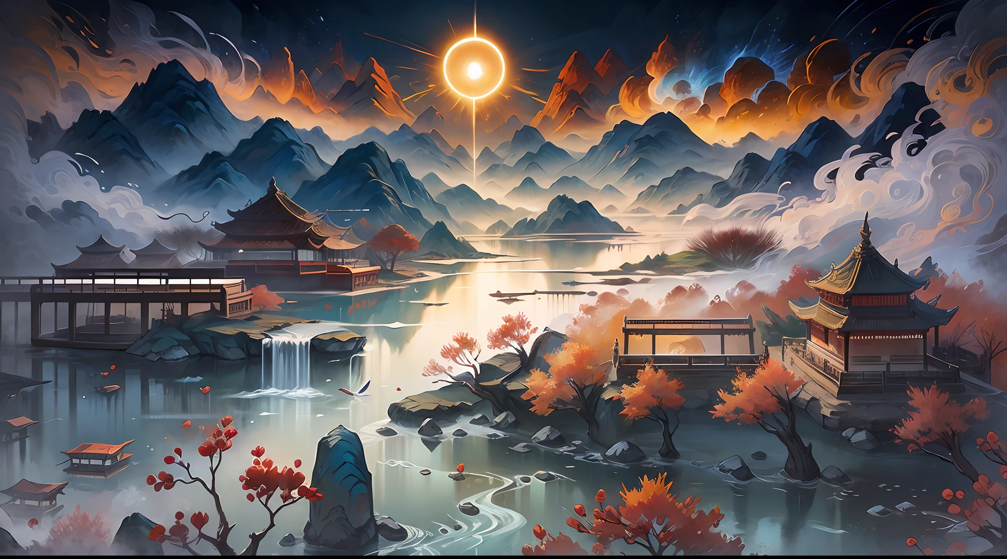 (Best quality: 1.3), (Masterpiece: 1.3), (Realistic: 1.4), (Detail: 1.1) ancient Chinese painting, ancient Chinese background, majestic, mountains, rivers, auspicious clouds, (pavilions of different shapes: 1.4), sunlight, masterpiece, super detail, epic composition, ultra hd, high quality, extremely detailed, official art, unified 8k wallpaper, super detail, 32k -- v 6