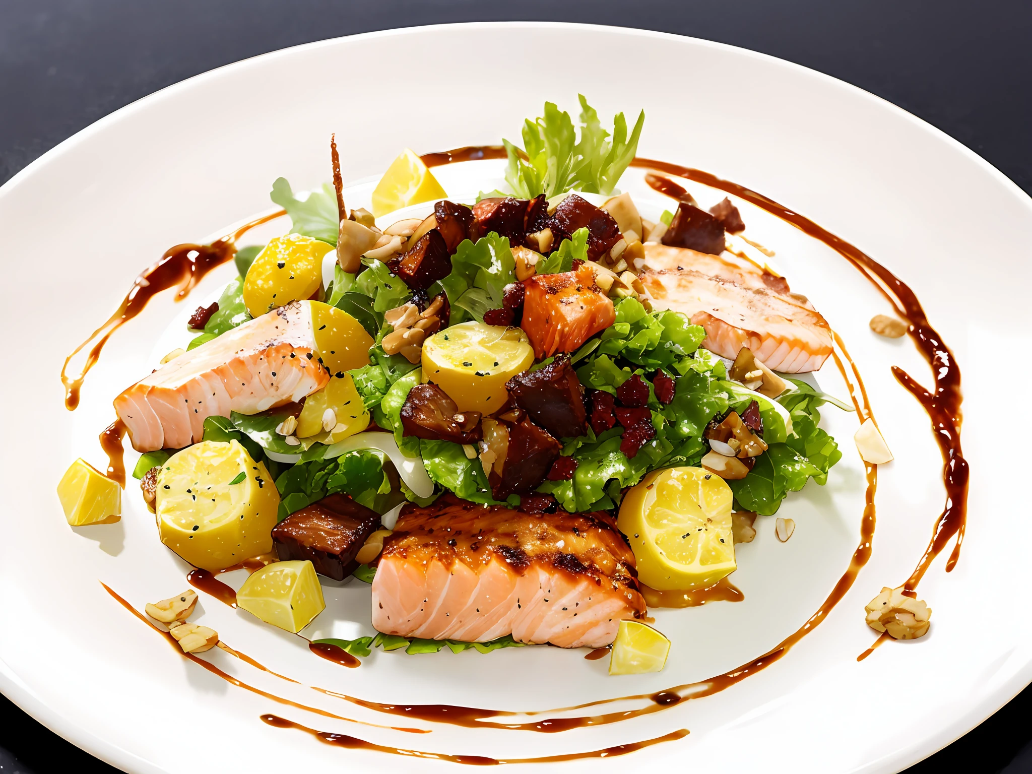 Salad on a plate with salmon chunks, salad, lettuce, barbecue sauce, fancy dishes,