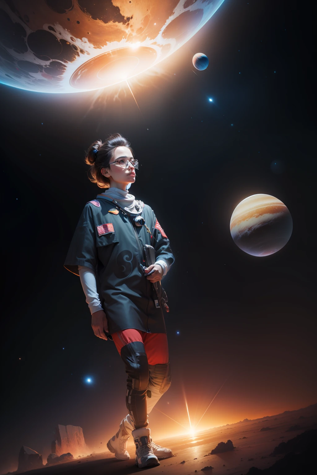 Keep the photo, space background with planets and black holes realistic --auto