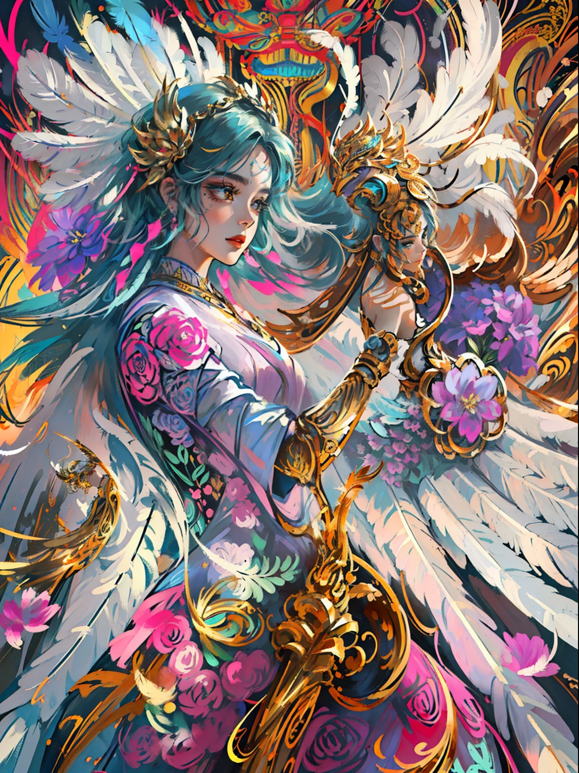 (masterpiece, top quality, best quality, official art, beautiful and aesthetic:1.2), (1girl:1.3), extremely detailed,(fractal art:1.1),(colorful:1.1)(flowers:1.3),highest detailed,(zentangle:1.2), (dynamic pose), (abstract background:1.3), (shiny skin), (many colors:1.4), ,(earrings), (feathers:1.5) , (Flamethrower:1.3),red background,Phoenix dress,