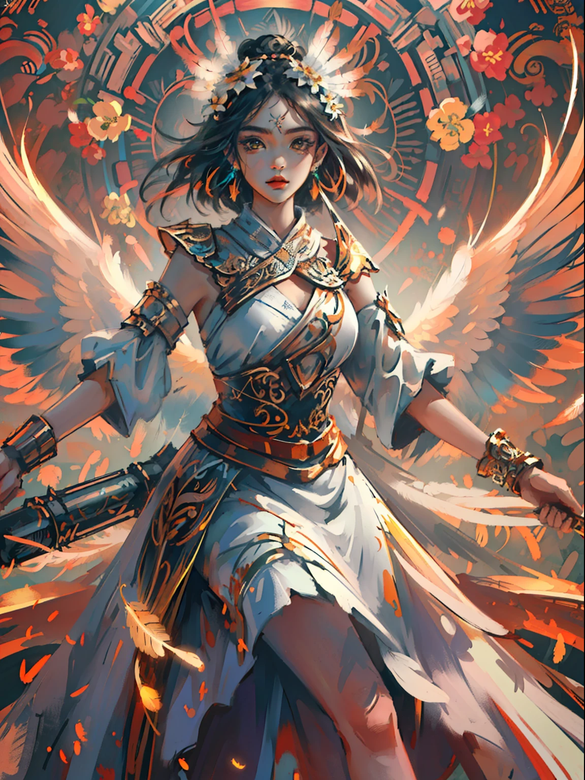 (masterpiece, top quality, best quality, official art, beautiful and aesthetic:1.2), (1girl:1.3), extremely detailed,(fractal art:1.1),(colorful:1.1)(flowers:1.3),highest detailed,(zentangle:1.2), (dynamic pose), (abstract background:1.3), (shiny skin), (many colors:1.4), ,(earrings), (feathers:1.5) , (Flamethrower:1.3),red background,Phoenix dress,