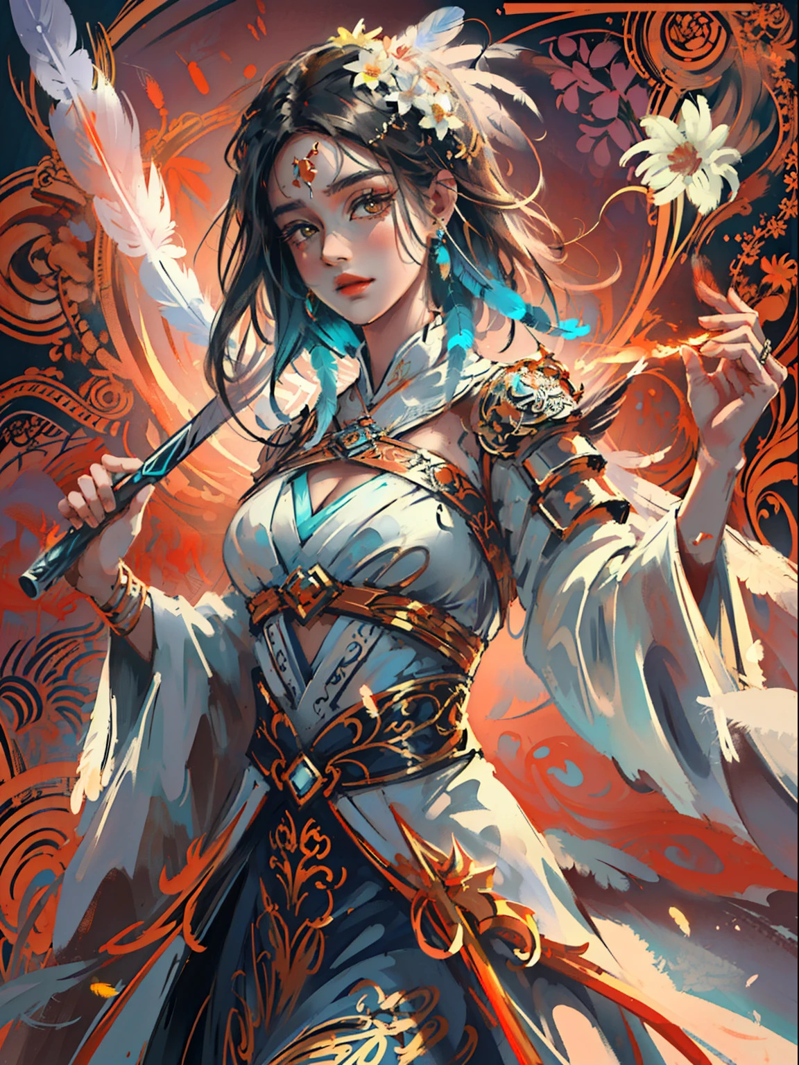 (masterpiece, top quality, best quality, official art, beautiful and aesthetic:1.2), (1girl:1.3), extremely detailed,(fractal art:1.1),(colorful:1.1)(flowers:1.3),highest detailed,(zentangle:1.2), (dynamic pose), (abstract background:1.3), (shiny skin), (many colors:1.4), ,(earrings), (feathers:1.5) , (Flamethrower:1.3),red background,Phoenix dress,