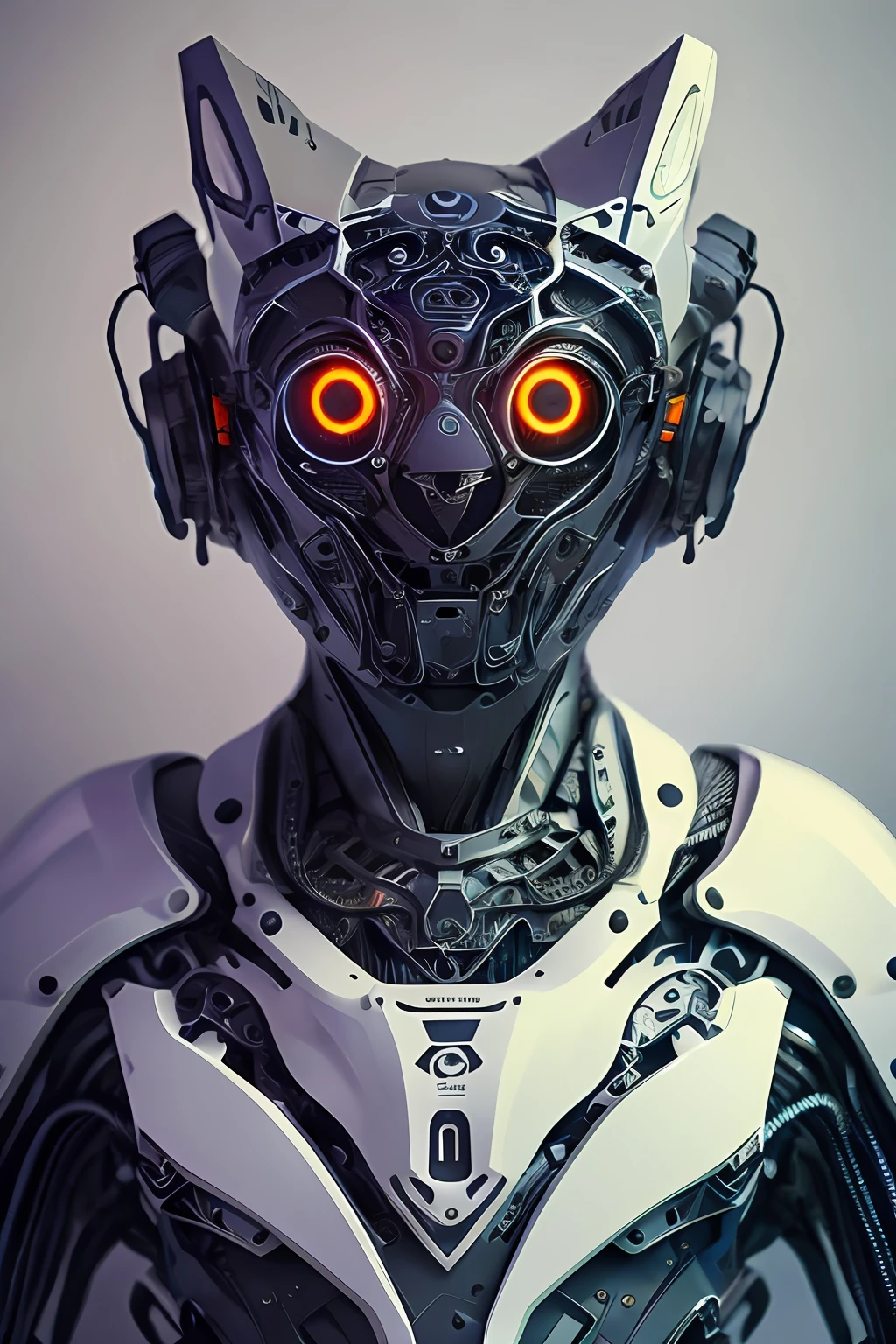 1 robot, organic, orange triangle glowing eyes, cyberhelmet, long hair, white plastic, diffuse lighting, fantasy, intricate, elegant, highly detailed, lifelike, photorealistic, smooth, sharp focus, art by John Collier and Albert Aublet and Krenz Cushart and Artem Demura, wires, tubes, dark room, dim light