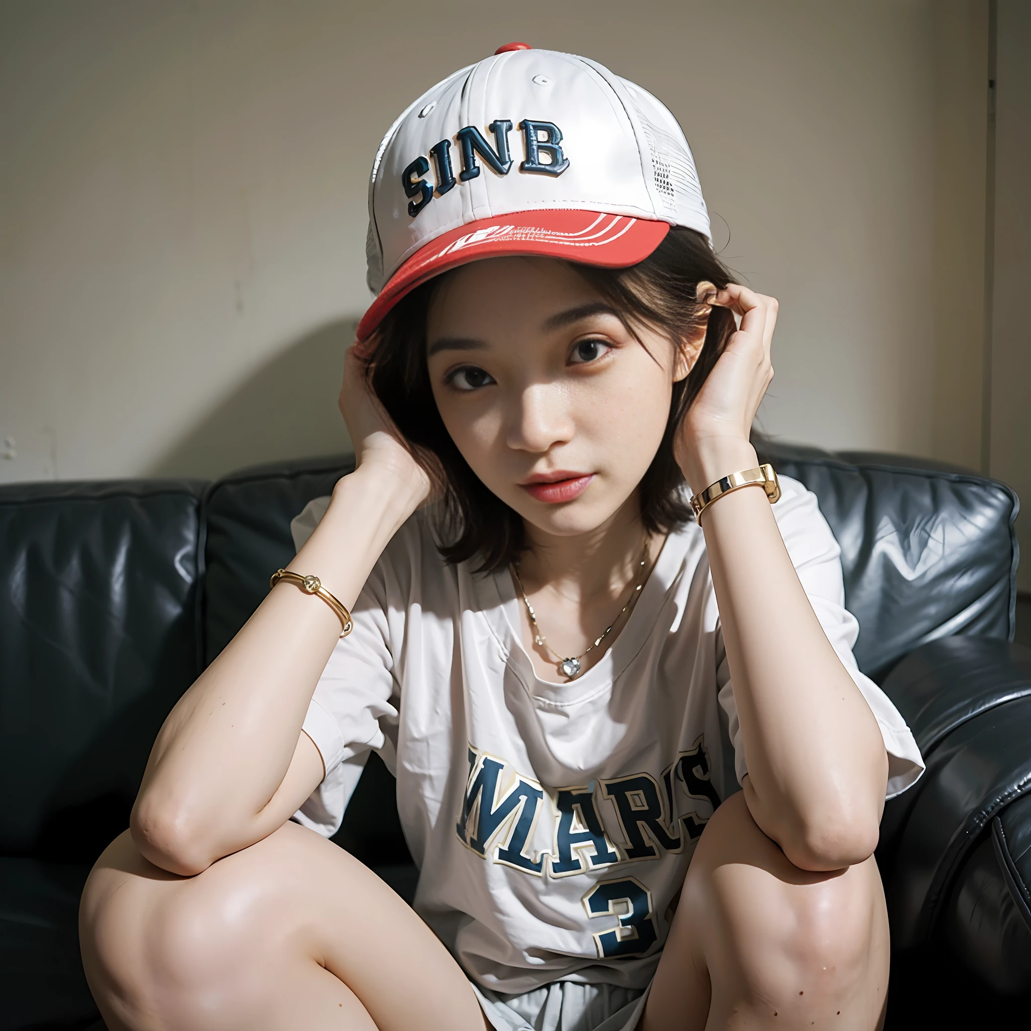 Cool girl sitting on sofa, short hair, head in baseball cap, clean, bracelet, head down, small, dashing, cool