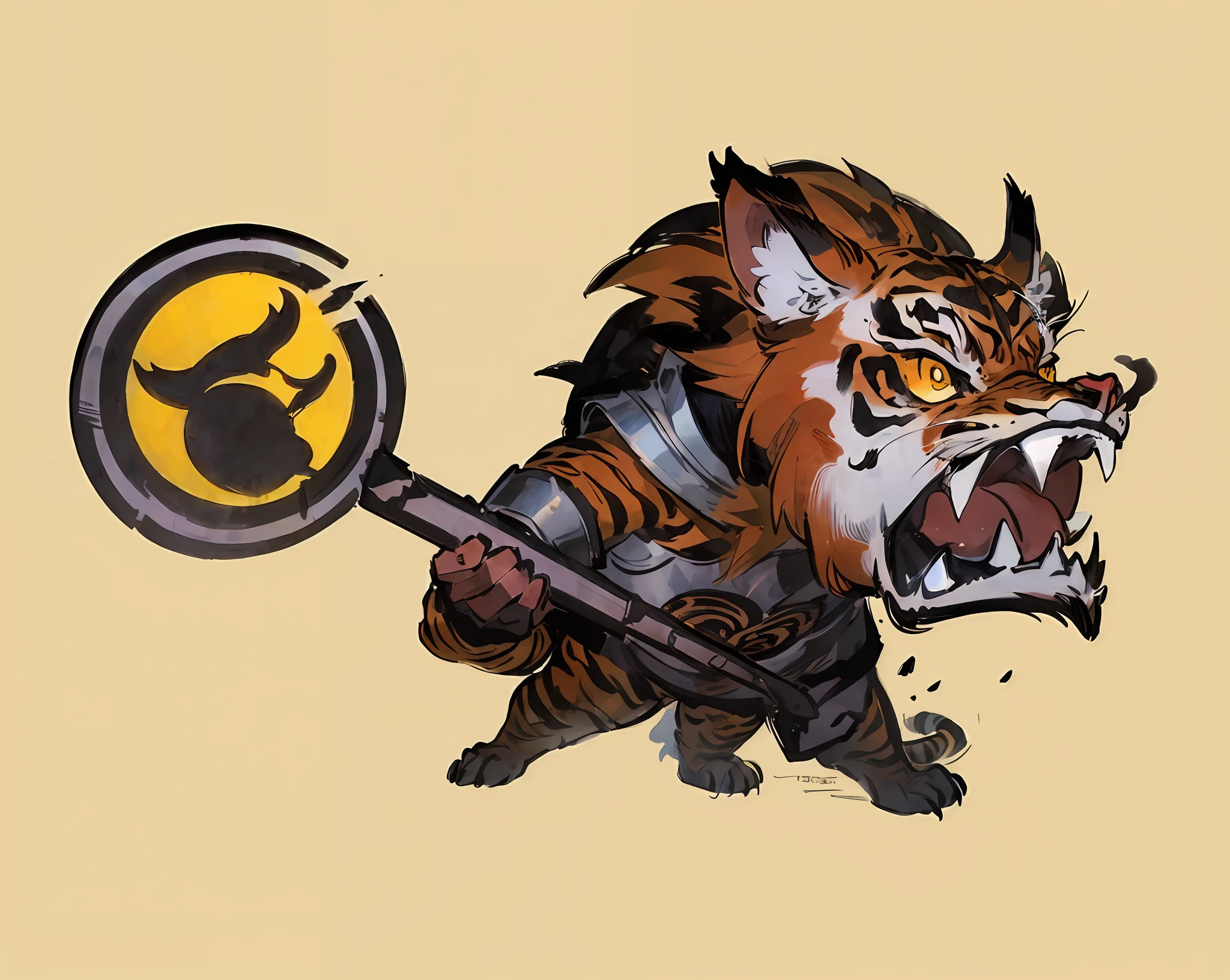 Q version cartoon 2 head to body ratio, anthropomorphic tiger male, animal image design, tiger image wearing black and red with ancient armor clothes, open mouth, very handsome and tall, Q version cartoon monster standing painting, standing obliquely, side view, standing sideways, full body portrait, cool shape,