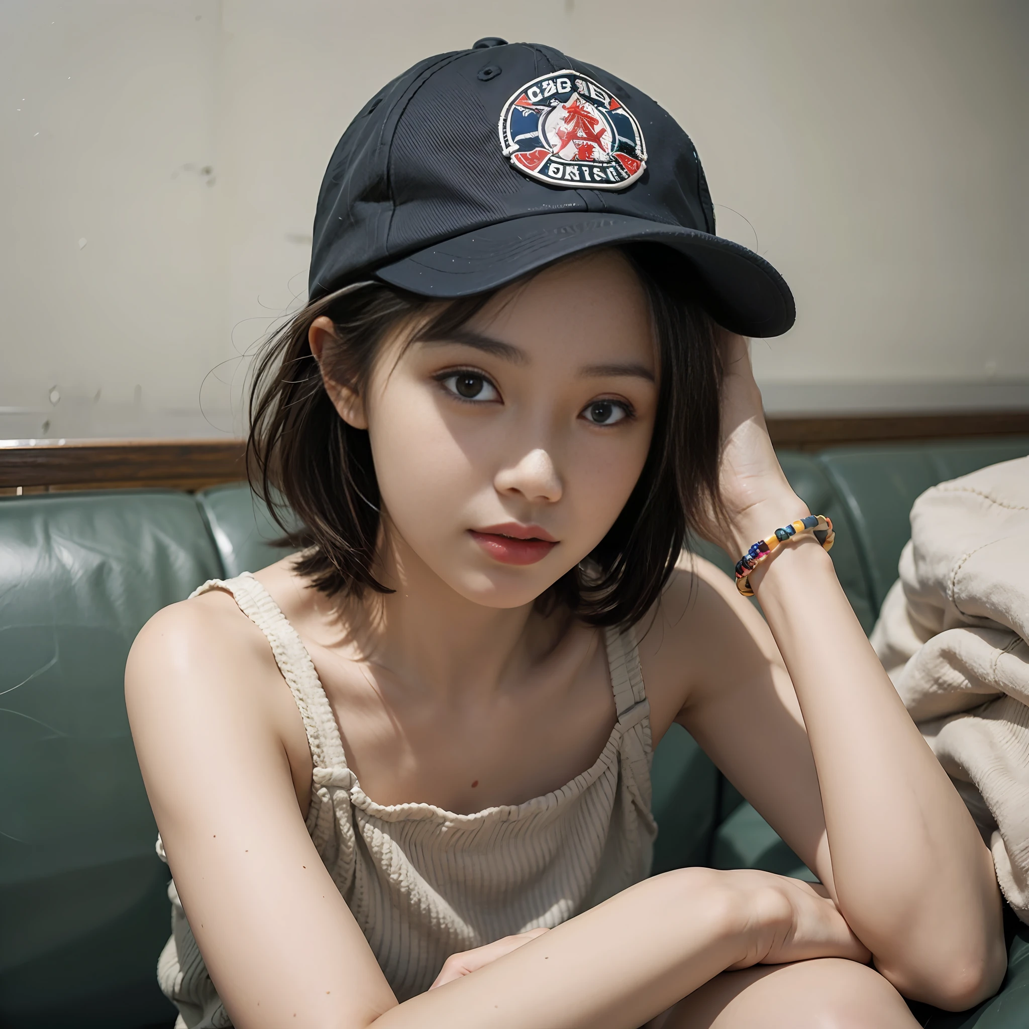 Cool girl sitting on couch, short hair, baseball cap, clean, bracelet, head down, small