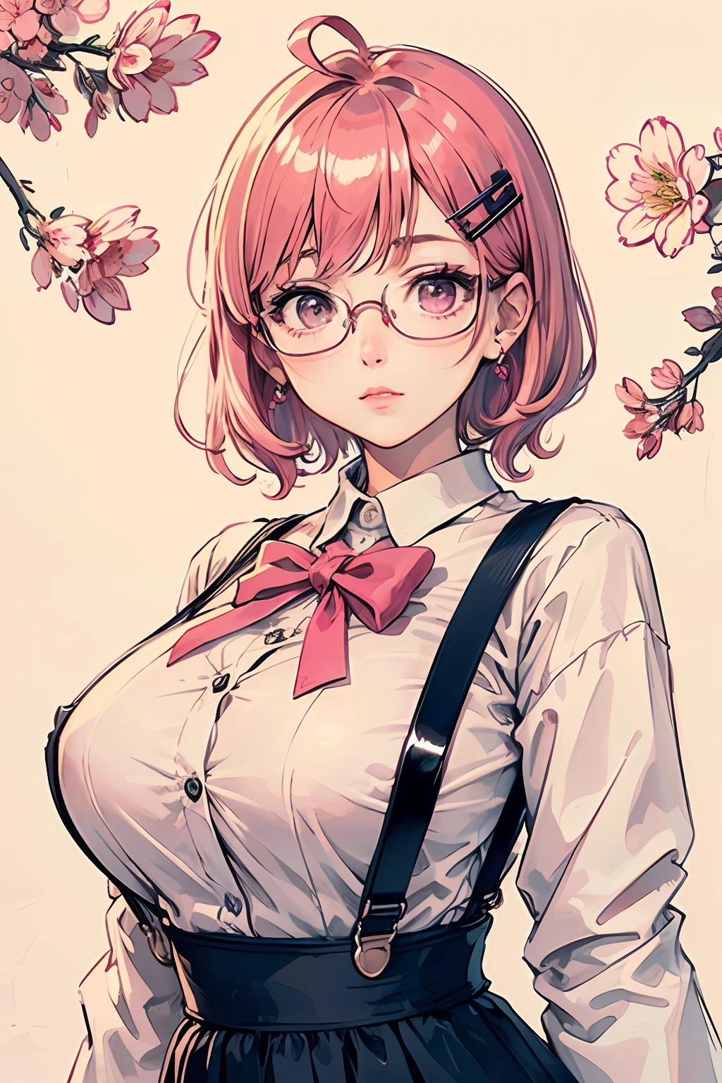 (masterpiece:1.2, best quality), (dinamic lighting) 1lady, solo, short hair, big breasts, (shiny skin:1.2), upper body, glasses, modern, wavy pink hair,pink Suspenders, flower on ear, harajuku style, hair pin,  ,ahoge