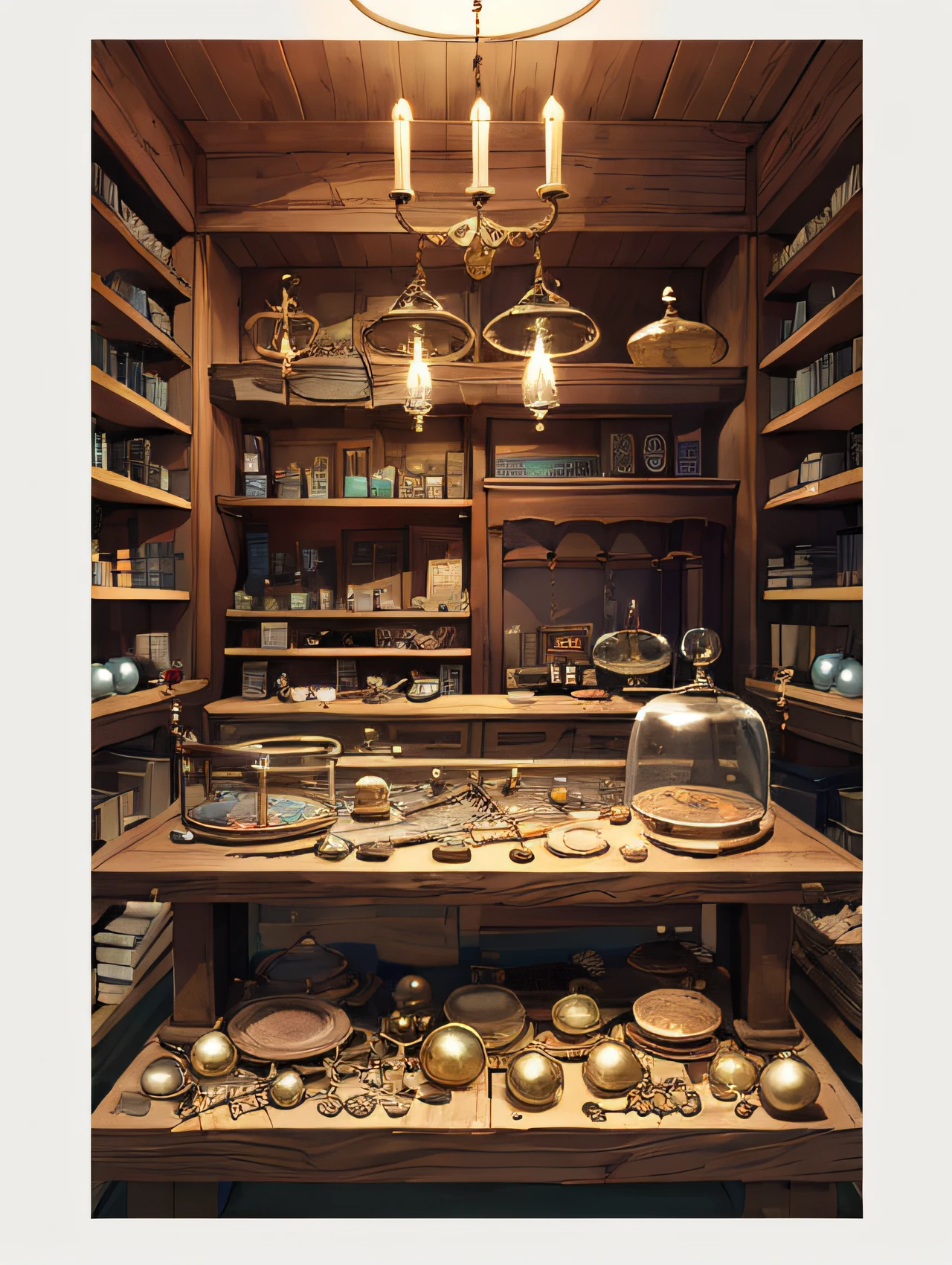 Japanese store, the front of the viewing angle is placed with wooden settlement table with luxury items such as divination balls, gemstones, gold objects, etc., and behind there are shelves full of goods, divination balls, colored glass, magic items, sword weapons, ancient books, divination balls, steam age, alchemist magic laboratory background, anime background art