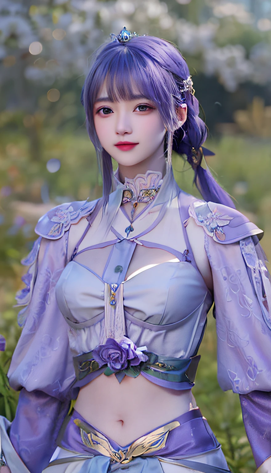 A close-up of a person in purple costume and purple hair, seductive princess knight, beautiful woman with violet skin, giggling character, ultra-detailed fantasy character, Yunling, full body fairy, Hirase Jinyao, beautiful and elegant queen, portrait of the queen, beautiful woman with gorgeous robes,