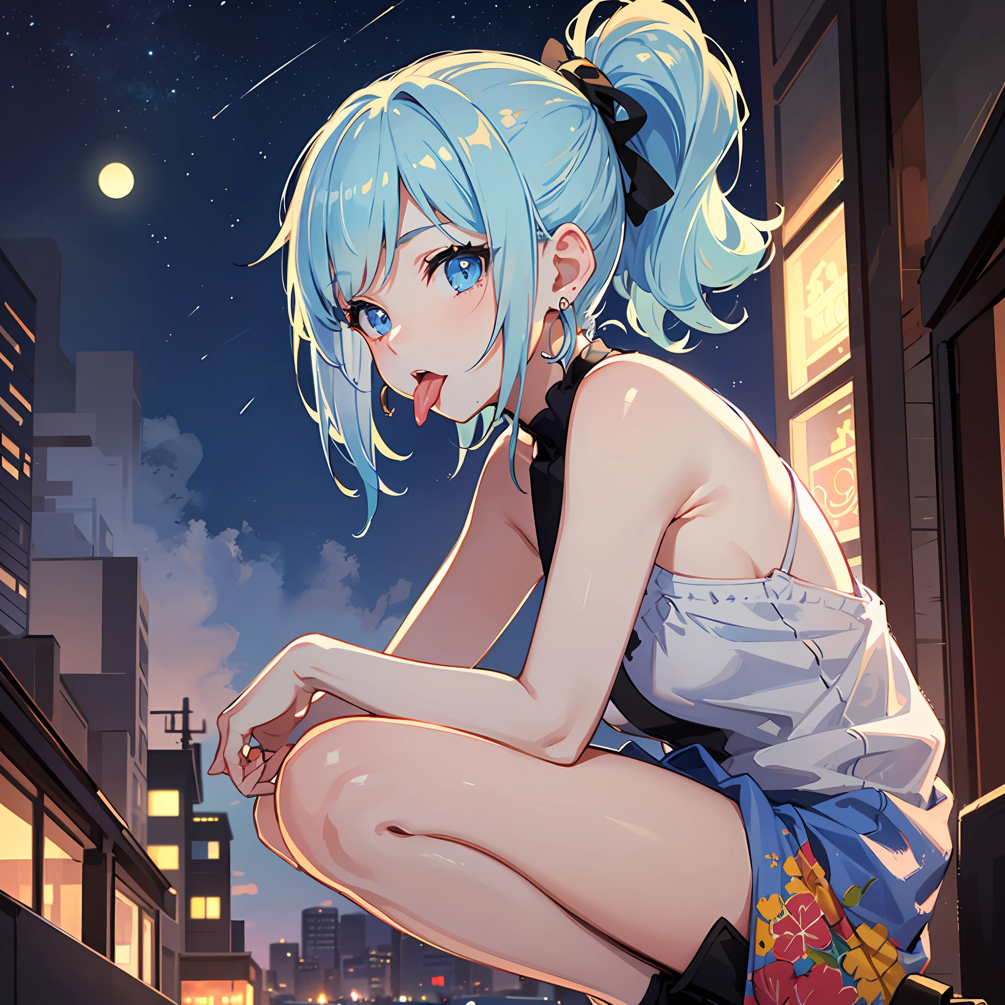 (((Masterpiece)))), (((Best Quality))), Hi-Res, Squatting, (Cute One Girl))), Solo, White Skin, Small, Eight-headed, (Light Blue Hair), ((Short Hair)), (Straight Bangs)), Ponytail, Beautiful Hair, Blue Eyes, Beautiful Eyes in Detail, ((Tongue)), Red Face, Heart, Summer Clothes, Earrings, Outdoor, Night Sky, (Night), Shadow Lighting,