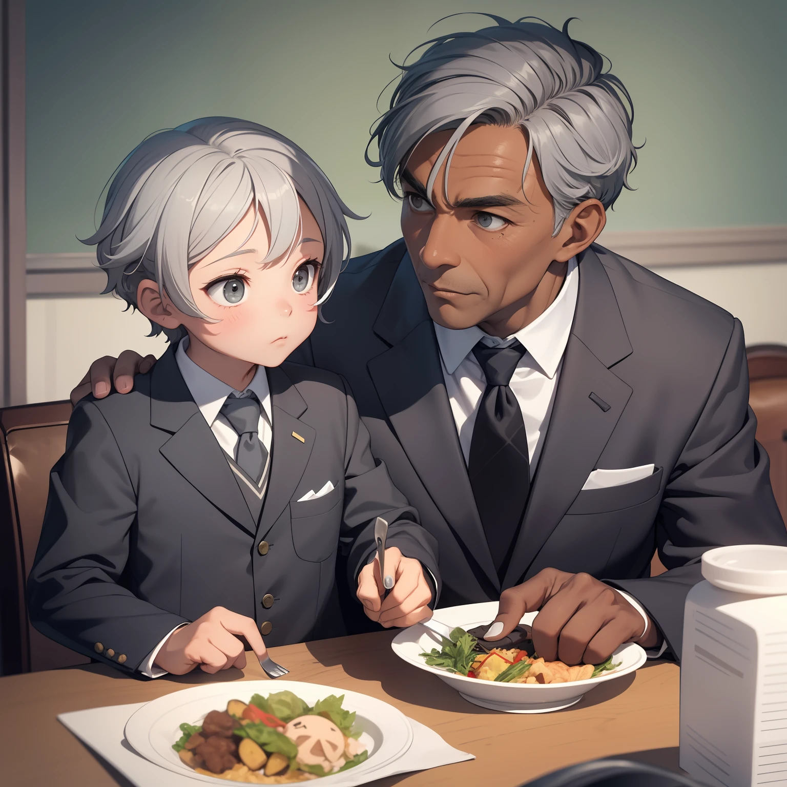 An old man (middle-aged, gray hair, wrinkled, dark skin, wearing a suit) and a (boy, black hair, wearing a college uniform), sitting face to face, eating at dining table, living room background