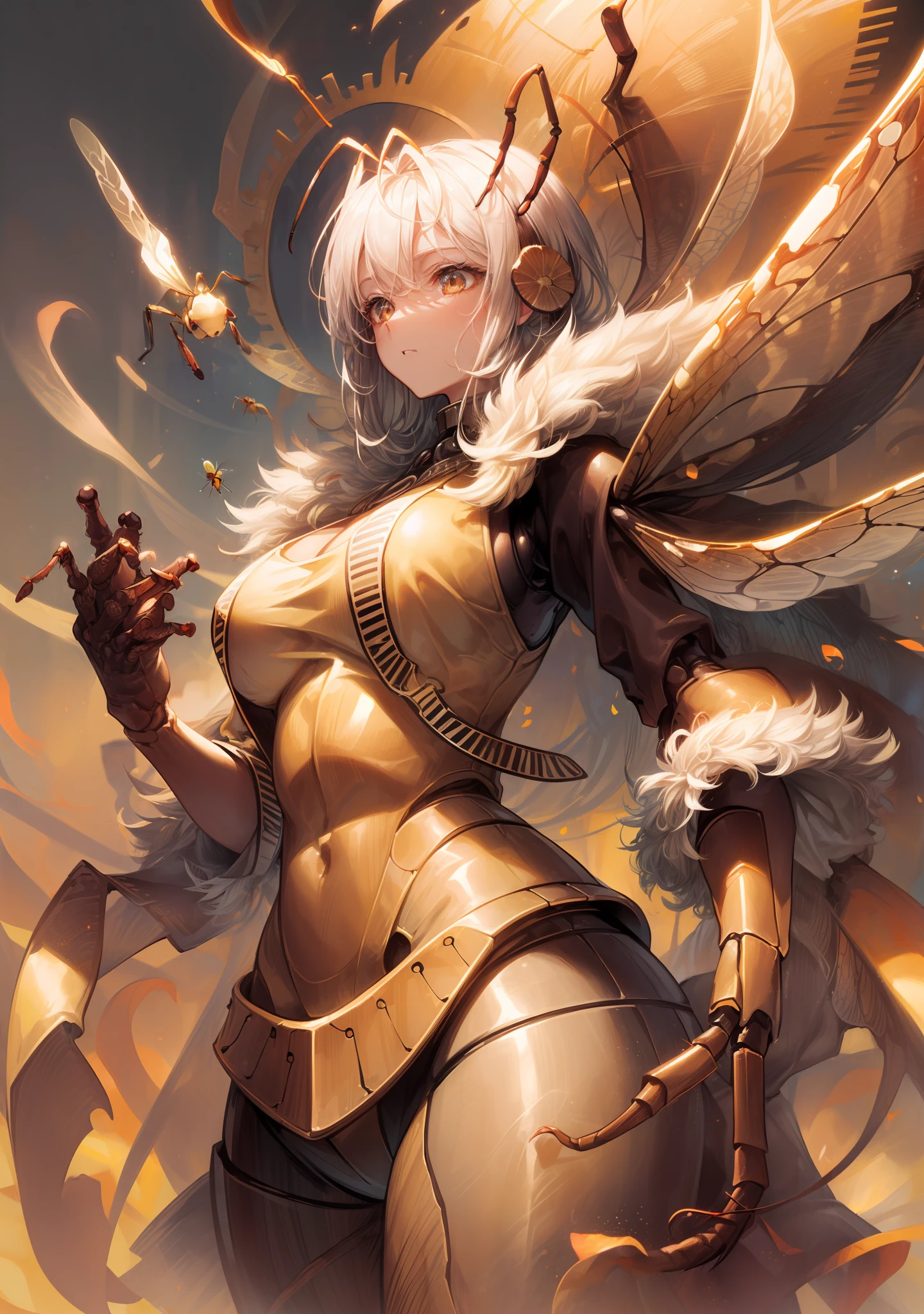 (1 humanoid insect silkworm:1.4), masterpiece, volumetric lighting, (extremely detailed CG:1.3), illustration, 
chestnut fur, splitting, compound eyes, antenna, dusty wings, large wings, two wings, good hands, perfect hands, 4 arms, (Wild West Sheriff's Clothing:1.4), stern look,