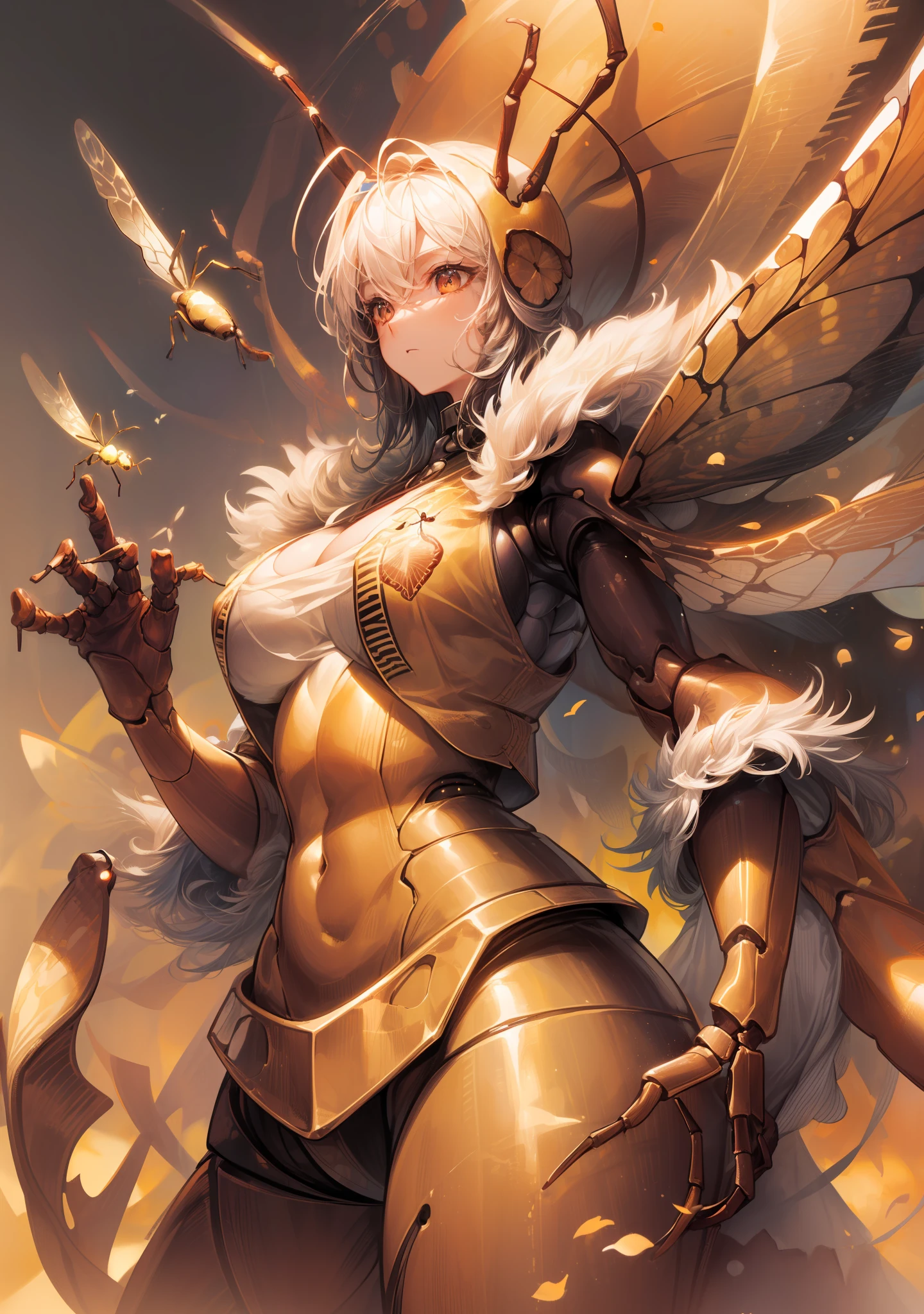 (1 humanoid insect silkworm:1.4), masterpiece, volumetric lighting, (extremely detailed CG:1.3), illustration,
chestnut fur, splitting, compound eyes, antenna, dusty wings, large wings, two wings, good hands, perfect hands, 4 arms, (Wild West Sheriff's Clothing:1.4), stern look,