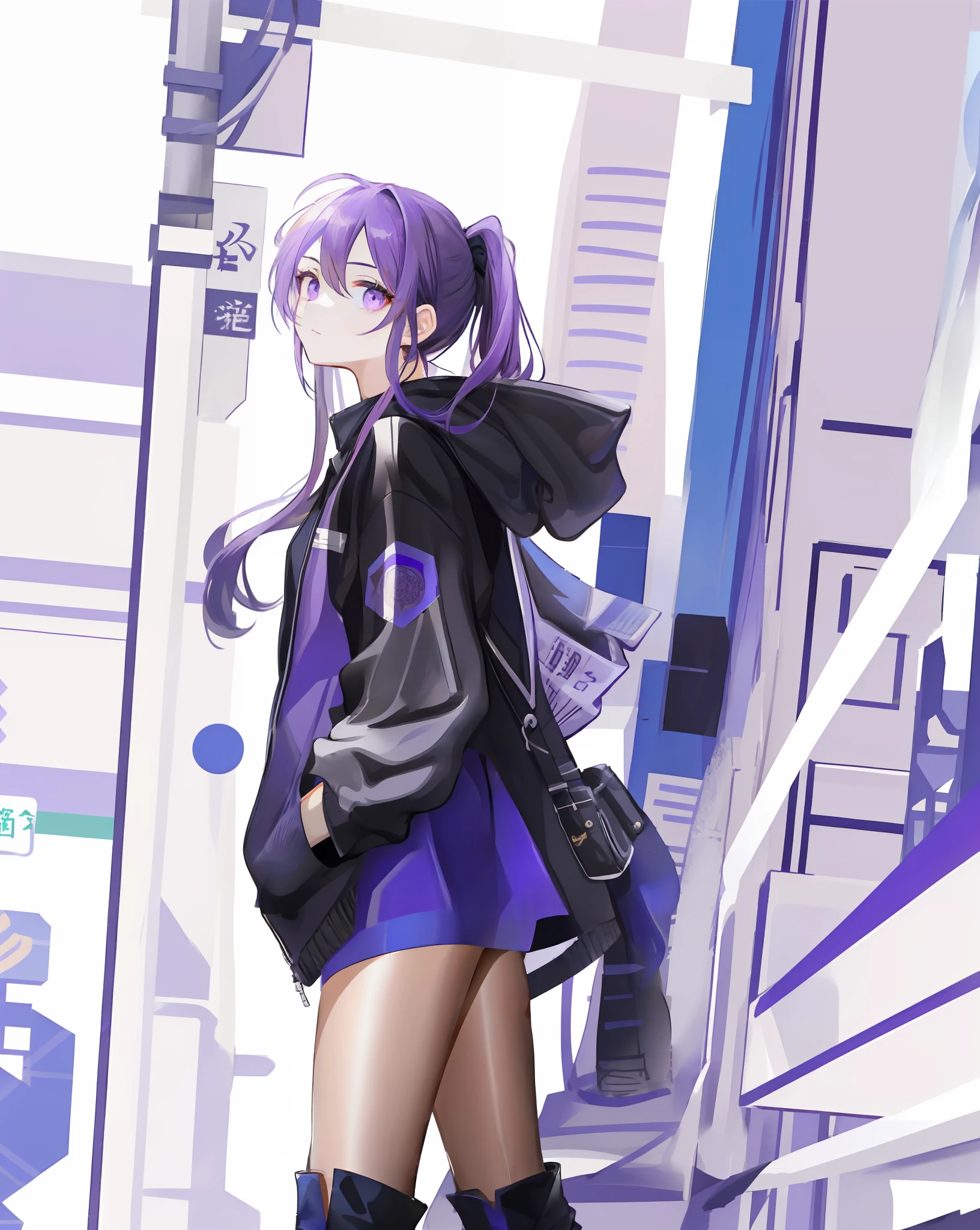 Character design picture, on white background, a girl with purple double ponytail hair and purple eyes wearing a black jacket with blue surround on the front facing the camera and putting her hands in the pocket of the jacket to the audience, the girl also wearing black boots, epic fine character art, stunning characters, beautiful thighs