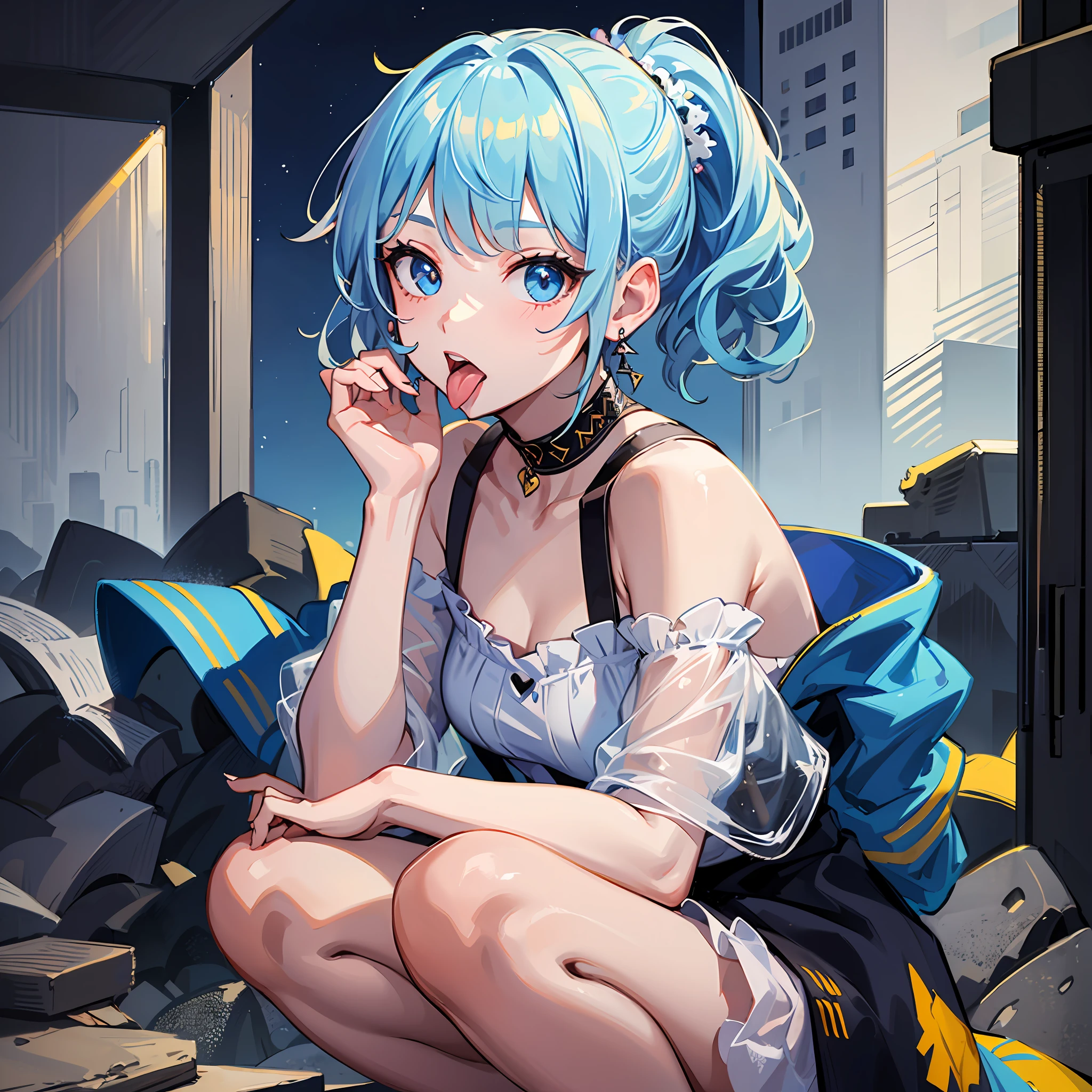 (((Masterpiece)))), (((Best Quality))), Hi-Res, Squatting, (Cute One Girl))), Solo, White Skin, Small, Eight-headed, (Light Blue Hair), ((Short Hair)), (Straight Bangs)), Ponytail, Beautiful Hair, Blue Eyes, Beautiful Eyes in Detail, ((Tongue)), Red Face, Heart, Summer Clothes, Earrings, Outdoor, Night Sky, (Night), Shadow Lighting,