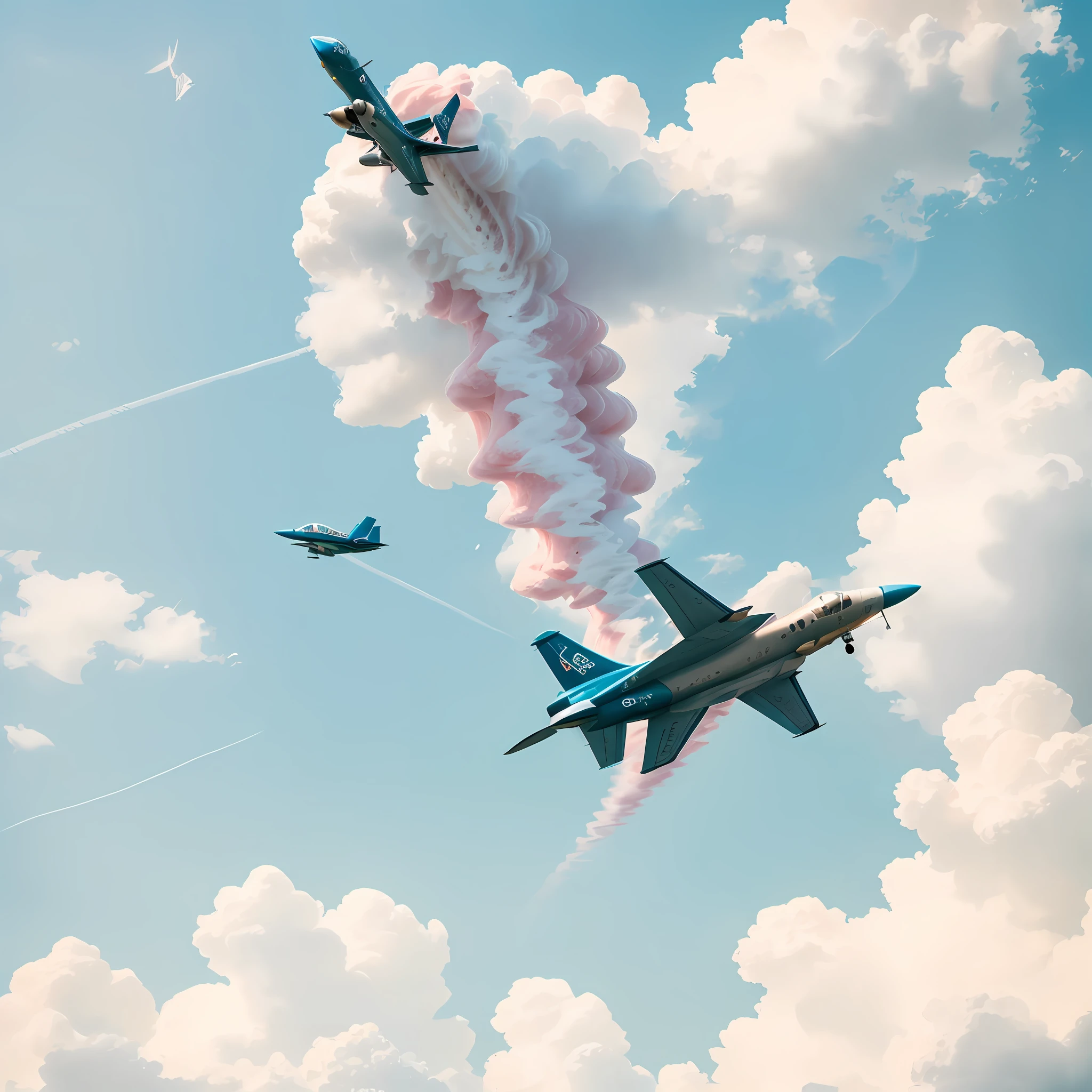 Strawberry shortcake flying like an airplane in blue sky, shortcake has jet engine and is flying in the sky by jet jet, jet stream generated 8k uhd, high quality, film grain, fujifilm XT3, high precision, ultra detail, ultra high image quality, portrait, structural correctness --auto