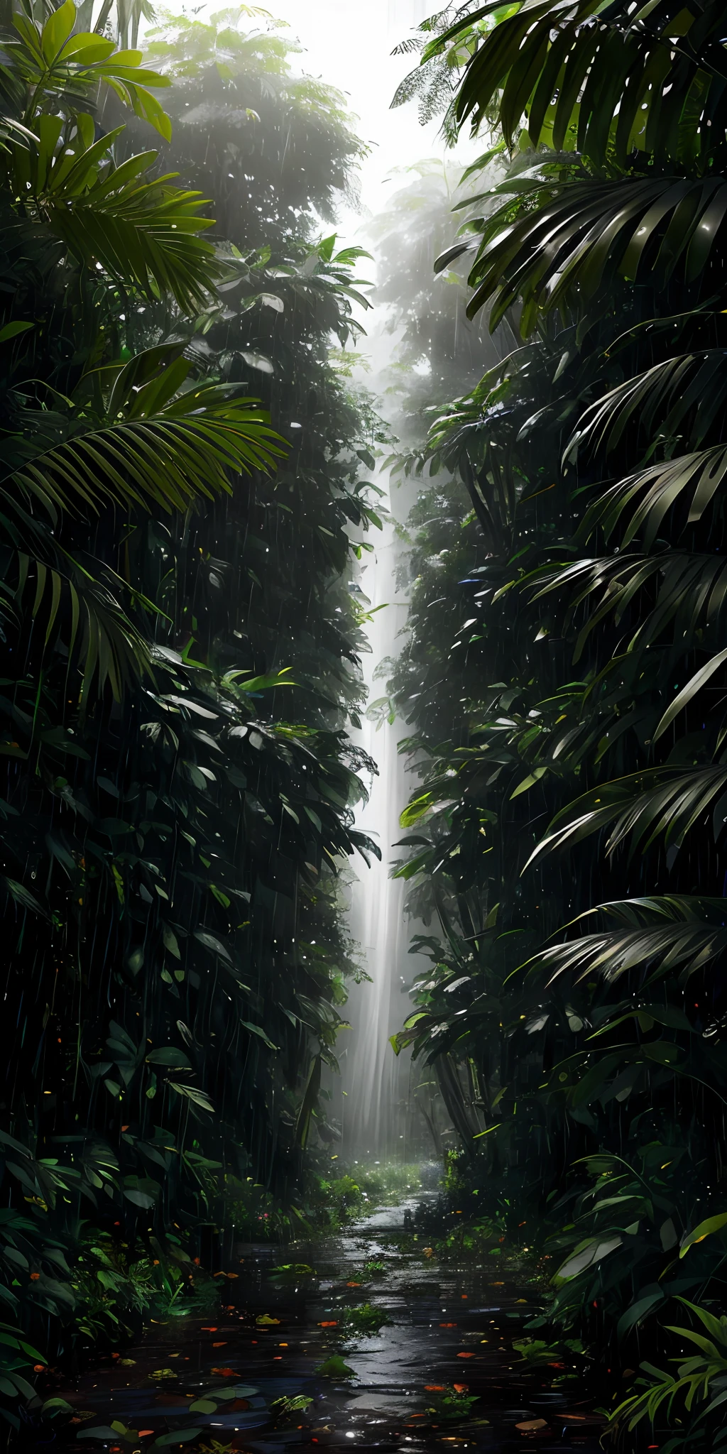 A jungle, with intense rainfall, monochromatic, vines all around, giant and wet trees, masterpiece, best quality, high quality, extremely detailed CG unity 8k wallpaper, oil paiting, award winning photography, Bokeh, Depth of Field, HDR, bloom, Chromatic Aberration ,Photorealistic,extremely detailed, trending on artstation, trending on CGsociety, Intricate, High Detail, dramatic, art by midjourney, volumetric lighting