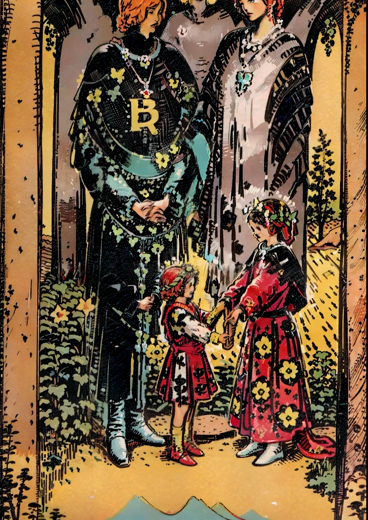 Make a tarot card style picture of a 6-year-old child, and then the child's hand is held by mom and dad Three people standing together, preferably with a straight face, mom and dad should be middle-aged