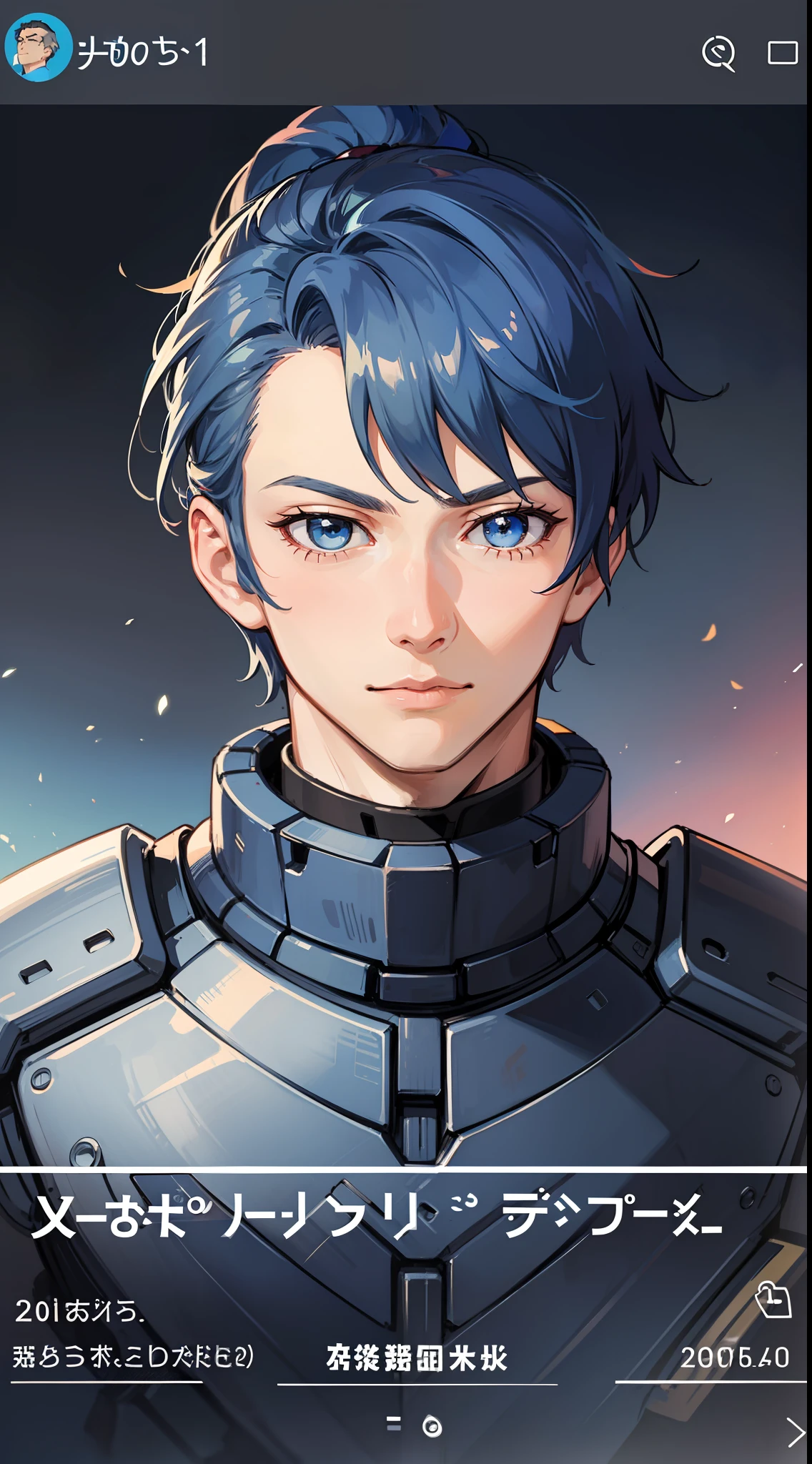Adult guy, short blue hair, high ponytail, blue eyes, Autobot armor, masterpiece, high quality