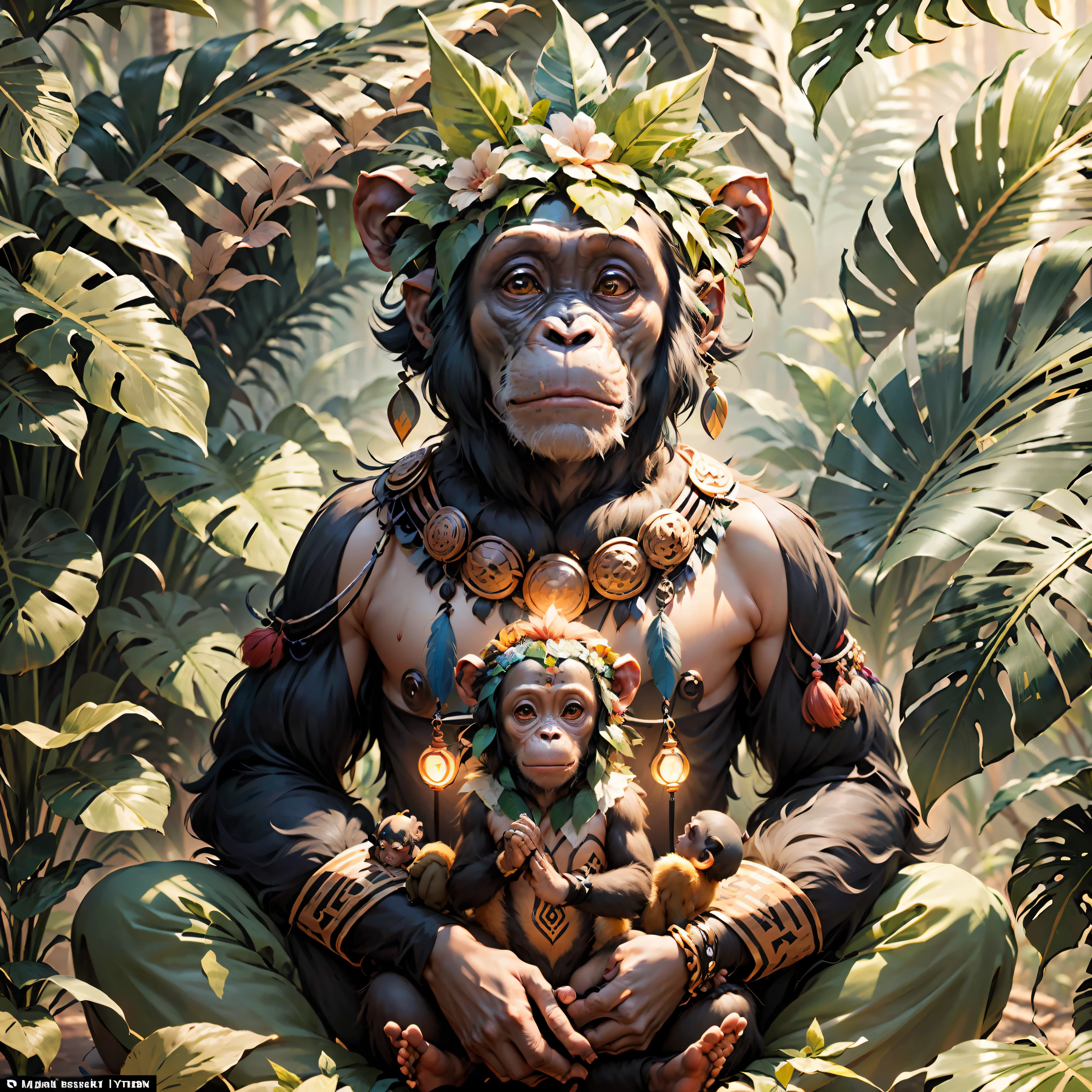 Chimpanzee cub with indigenous headdress on head, ((meditating)) large colored feathers, facing the camera, detail: sitting in the middle of dense tropical foliage, highly detailed intricate, ((masterpiece)), ultra hyperrealistic, masterpiece