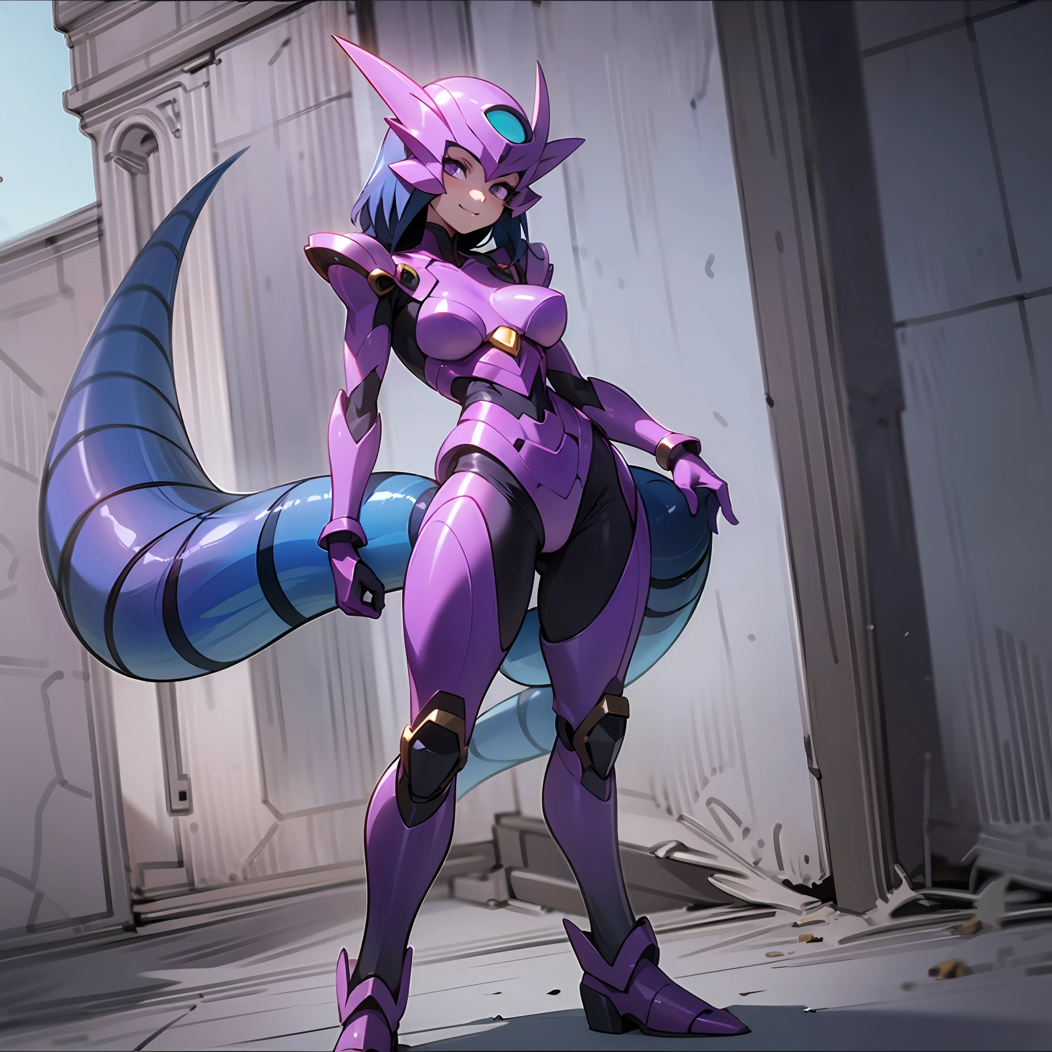 Cartoon photo of woman in white and purple costume, hot insect woman, guyver style, bad smile, scaraber reploid, bellows tail, cel shade adult animation, alien queen,