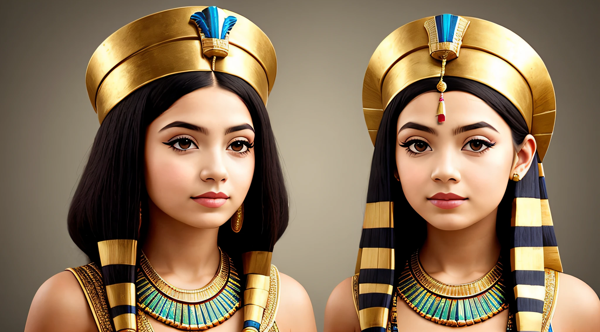 GIRL CHILD BLONDE WITH LONG HAIR, A PORTRAIT, of a bust of a mENINA CHILD wearing a hat, wearing an egyptian crown, Nefertiti, ancient egyptian, egyptian, egyptian makeup, precise for egyptian tradition, egyptian art, makeup of egypt, beautiful and huge head ornaments, ancient egyptian art, ancient egyptian art, ancient egypt, beautiful cleopatra, egyptian princess, Ancient Princess Libu