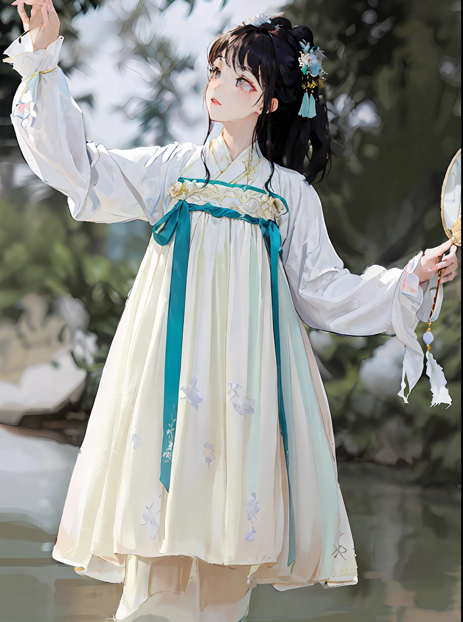 there is a woman in a dress holding a fan and a mirror, white hanfu, hanfu, palace , a girl in hanfu, traditional chinese clothing, wearing ancient chinese clothes, white and teal garment, with acient chinese clothes, flowing magical robe, wearing a flowing dress, chinese dress, wearing floral chiton, dressed with long fluent clothes
