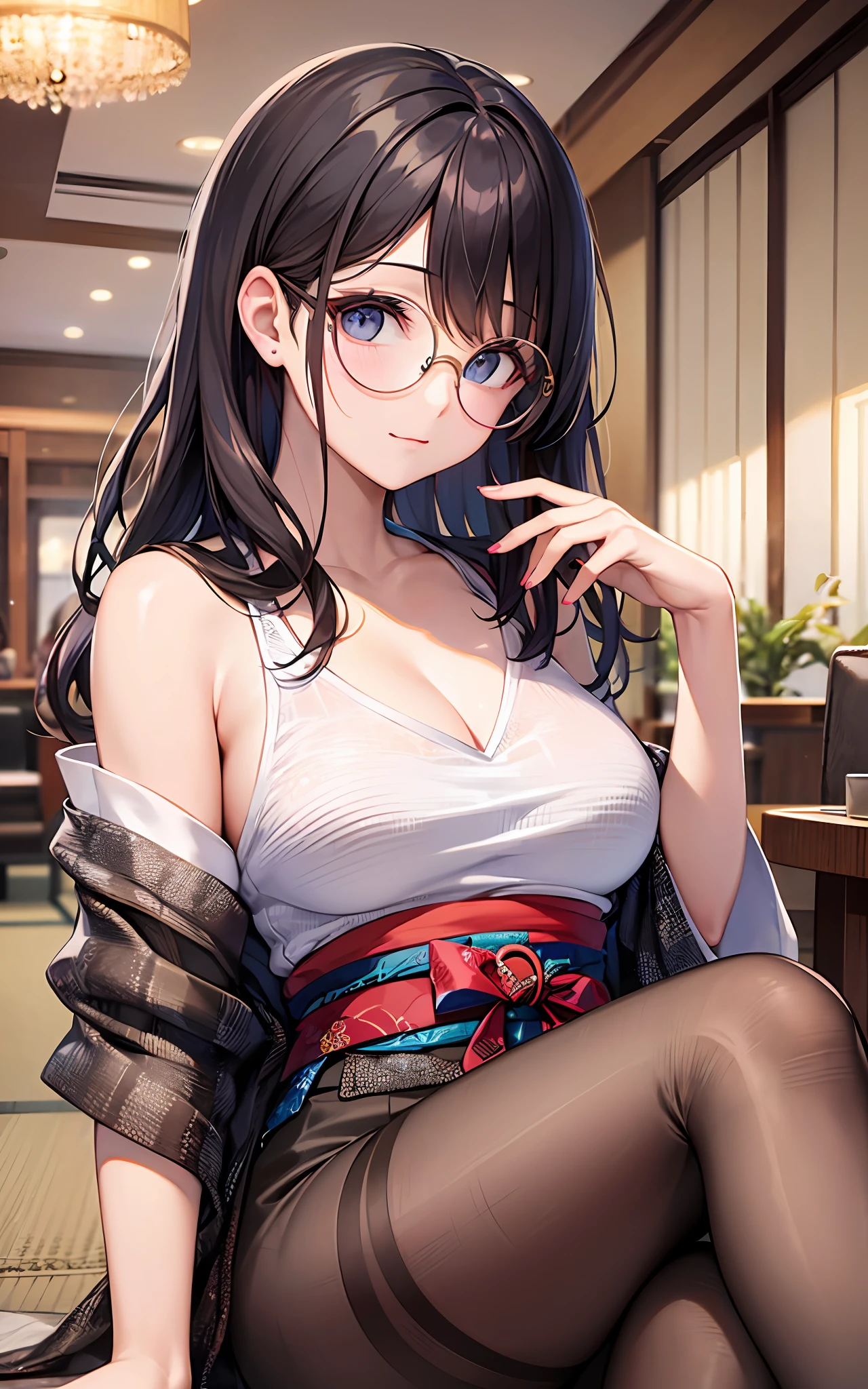 Top Quality, 8K, 4K, High Definition, Details Beautiful round glasses girl, dark hair girl, Japan style everyday clothes, hotel lounge, upper body shown,