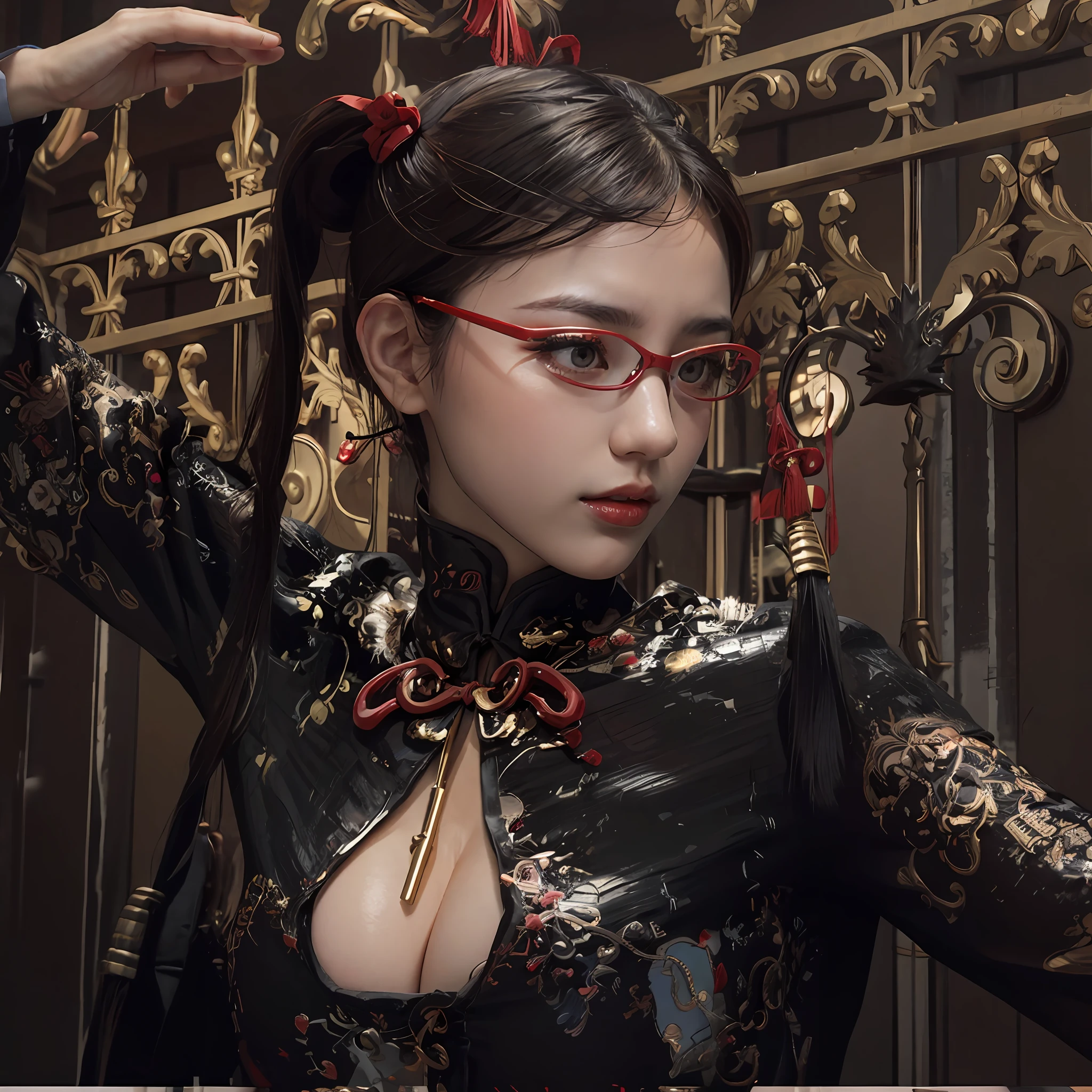 red glasses, photorealistic, high resolution, 1 girl, gray hair, korean, heterochromic eyes, brown hair, brown hair, red glasses, embroidered black cheongsam, cleavage