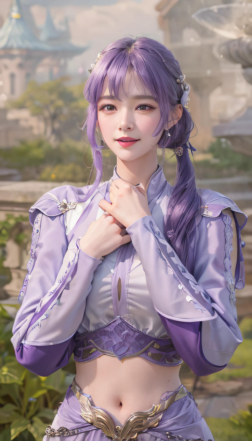 A close-up of a person in purple costume and purple hair, seductive princess knight, beautiful woman with violet skin, giggling character, ultra-detailed fantasy character, Yunling, full body fairy, Hirase Jinyao, beautiful and elegant queen, portrait of the queen, beautiful woman with gorgeous robes,