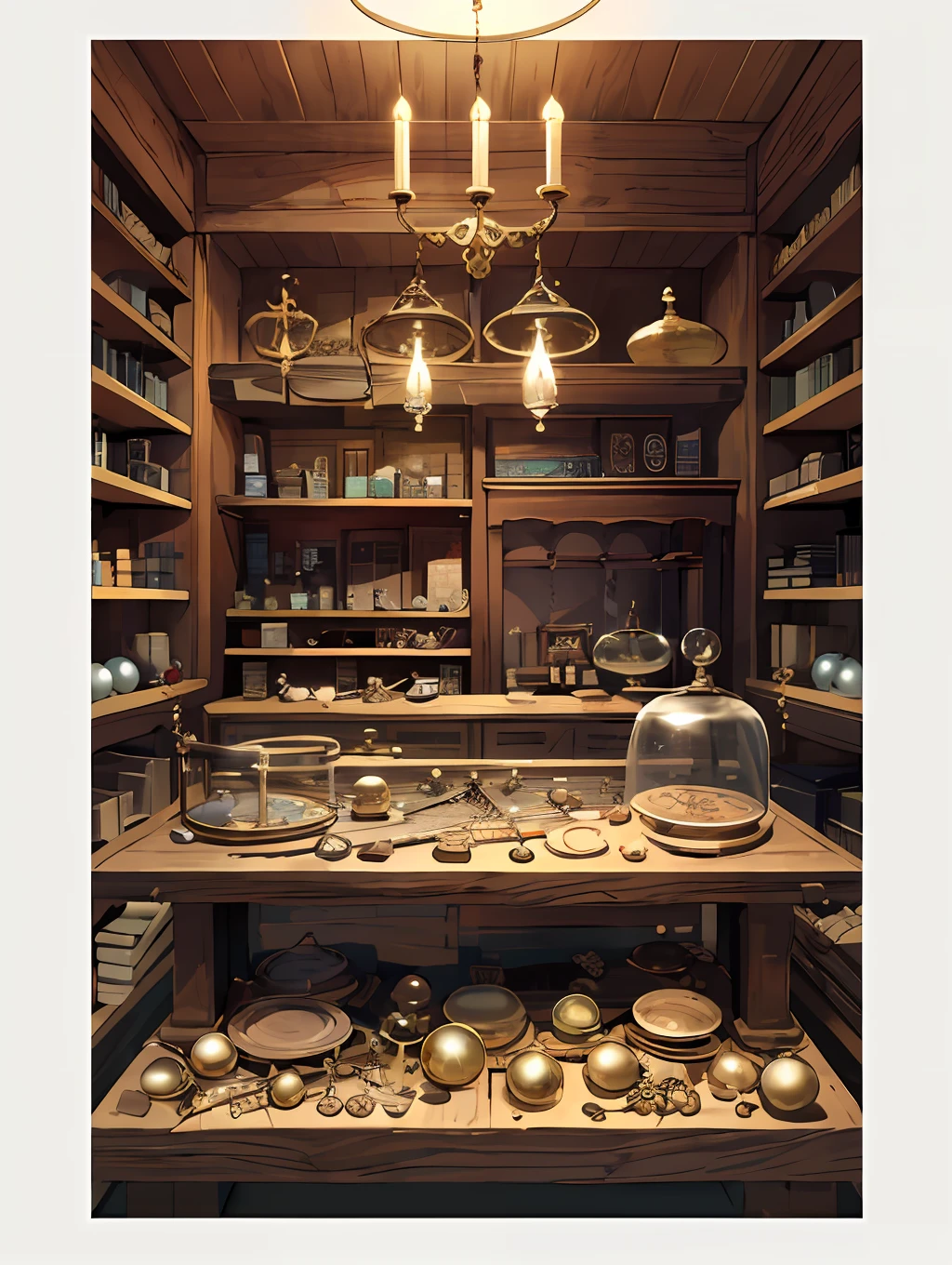 Japanese store, the front of the viewing angle is placed with wooden settlement table with luxury items such as divination balls, gemstones, gold objects, etc., and behind there are shelves full of goods, divination balls, colored glass, magic items, sword weapons, ancient books, divination balls, steam age, alchemist magic laboratory background, anime background art