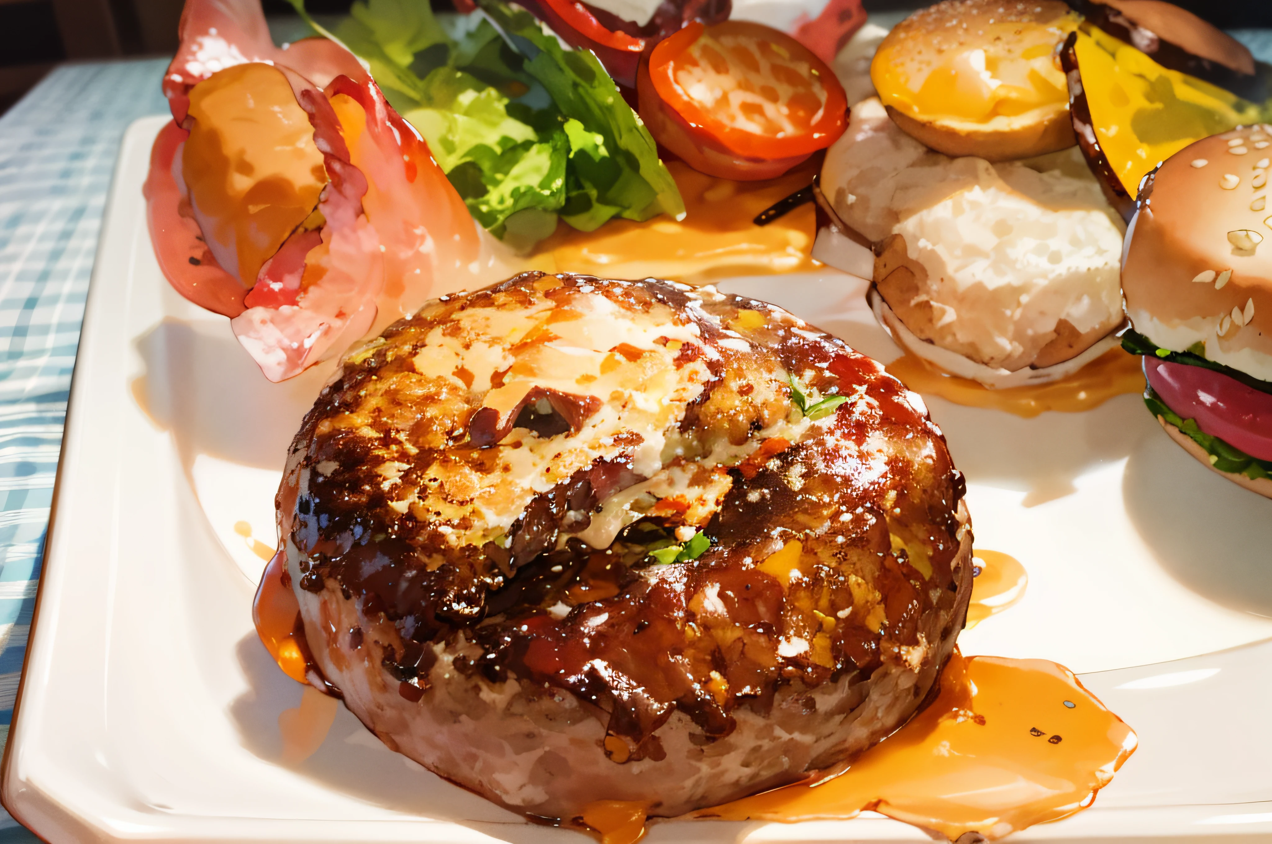 there is a plate of food with a hamburger and vegetables on it, luscious patty with sesame seeds, meatloaf, burger on a plate, ground red meat, pork, ground meat, burger, hamburger, nugget and sausage on plate, hamburgers, hamburger mix jellyfish, yummy, sasai ukon masanao, glazed, high resolution!!, potato