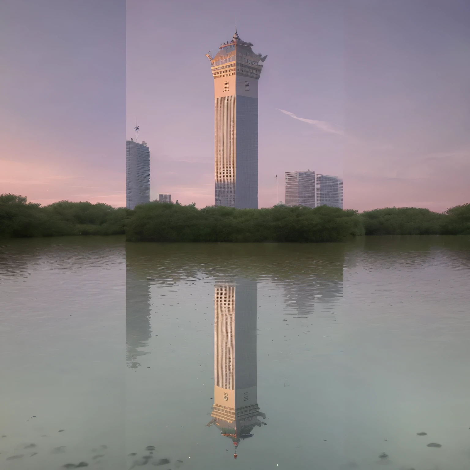 arafed tower with a reflection in a pond in a city, single flooded tower, reflection, marvellous reflection of the sky, from the distance, taller than a skyscraper, 1km tall, tower, flooded tower, towering over a city, f / 1 1. 0, f/3.2, f / 2. 2, terminal, morning shot