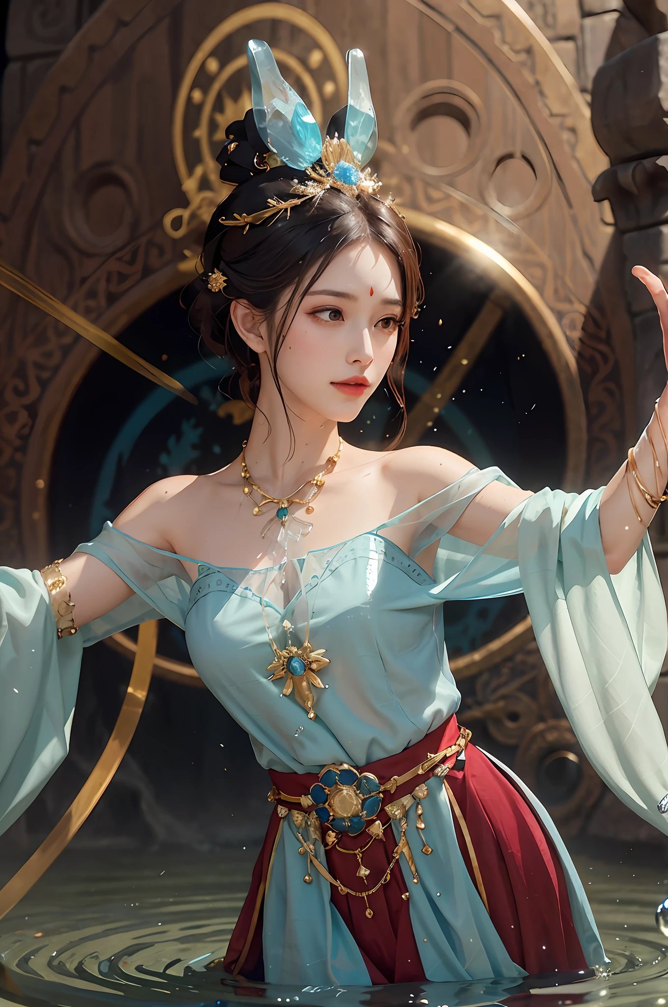 (Masterpiece), (Best Quality: 1.4), Absurdity, [: Complex Details: 0.2], 1 Girl, Flowing Robes, Complex Magic Circles, Glowing Runes, Shimmering Aura, Esoteric Spells, Crackling Energy, Etheric Wand, Shining Mort, Shining Seal, Otherworldly Chanting, Mystical Symbols, Transcendent Water Magic, Water Magician, Water Balls, Dynamic Pose, Upper Body, Face Up