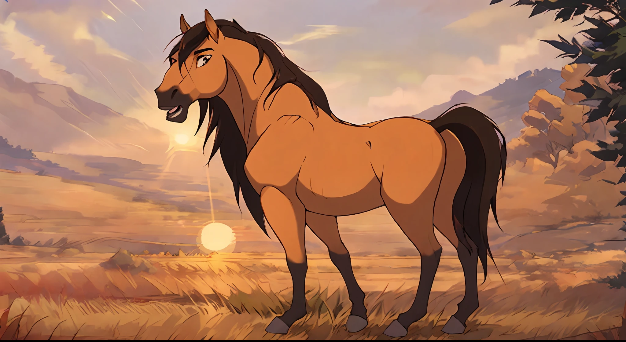 The horse stands on a hill, the mane flutters, the sun illuminates the horse, spirit_from_spirit2002