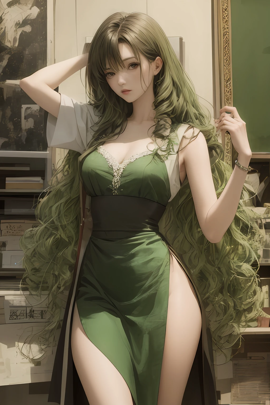 Dressed sexy, delicate face, beautiful, sexy, long curly hair, green tones, behind a green canvas